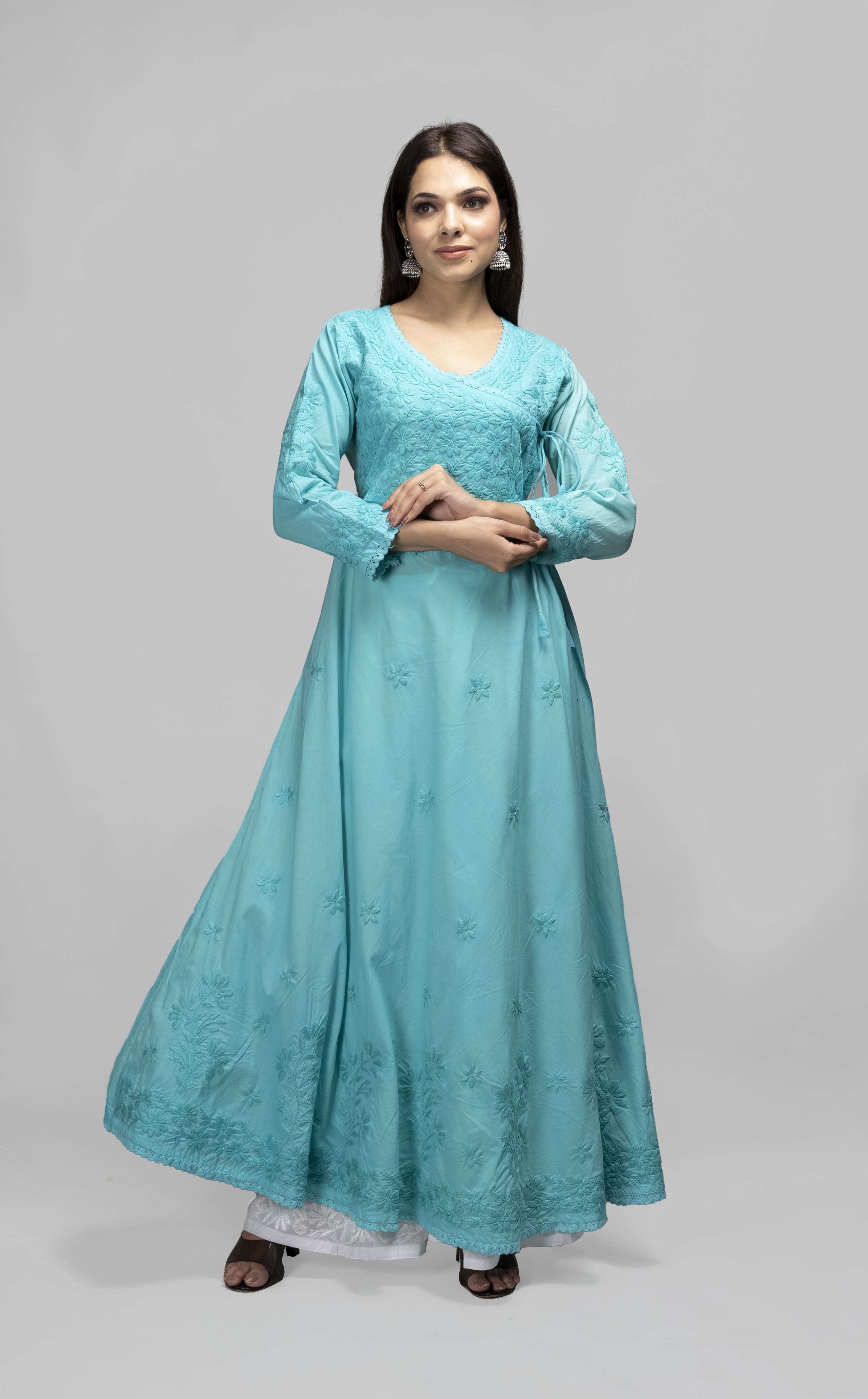 Turquoise Blue Hand Embroidered Chikankari Cotton Gown