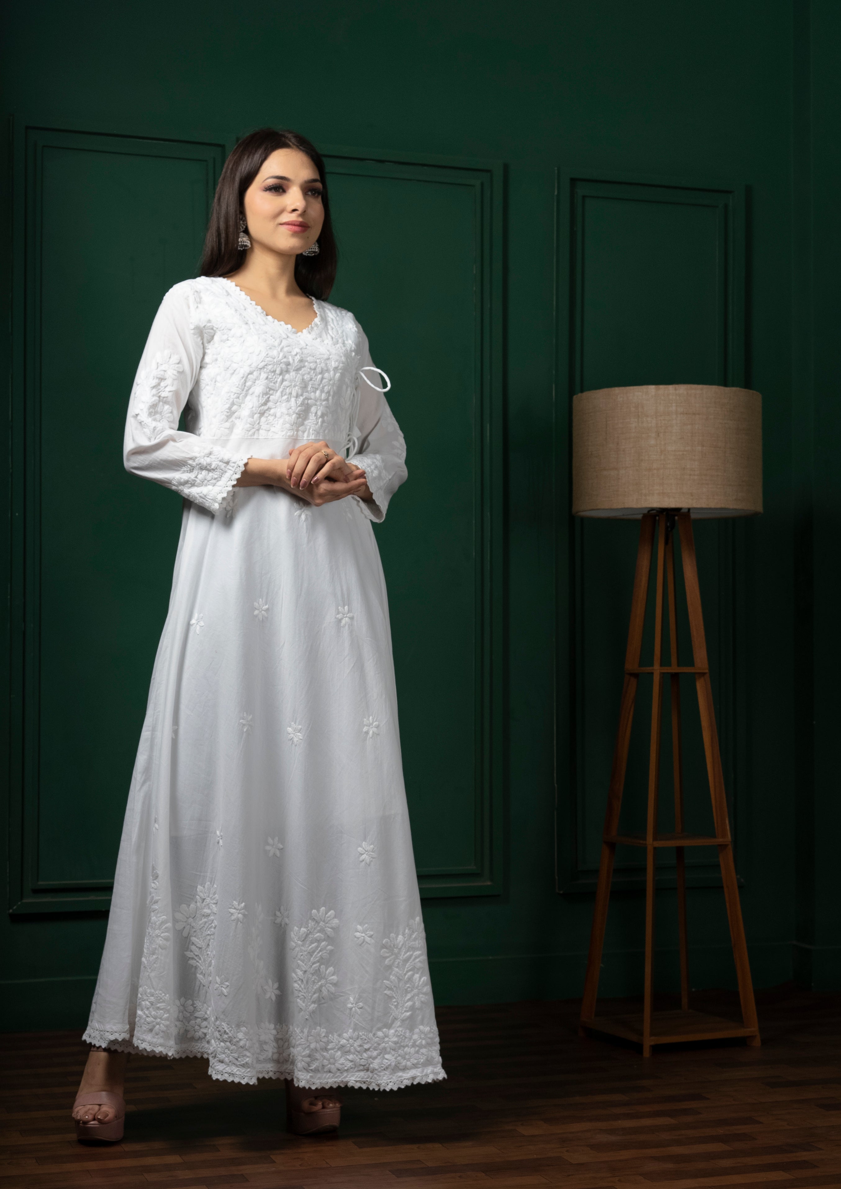 Saadgi chikankari handembroidered pure cotton  pink anarkali with pants-Option of only kurta also available