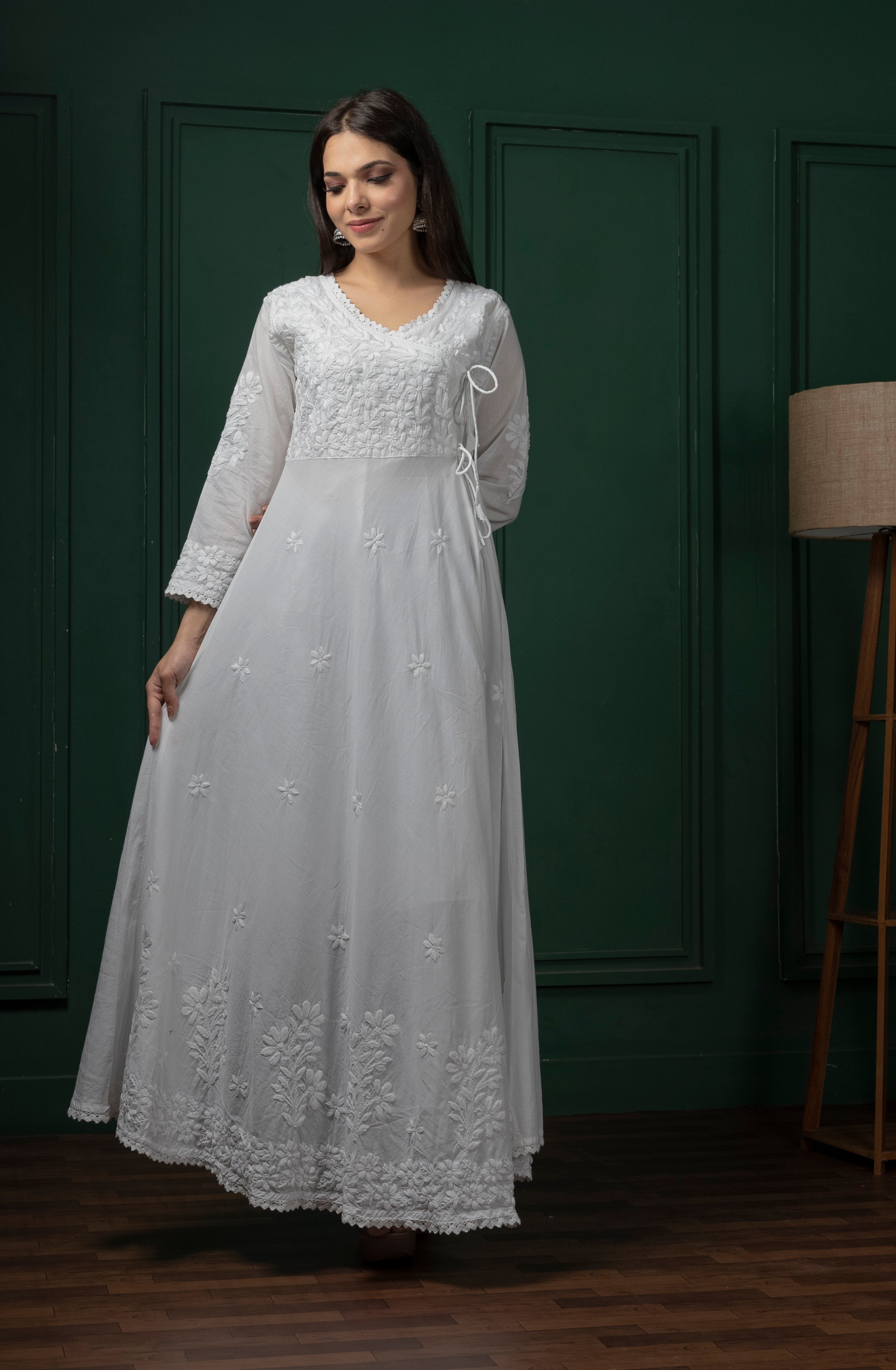 Saadgi chikankari handembroidered pure cotton  pink anarkali with pants-Option of only kurta also available
