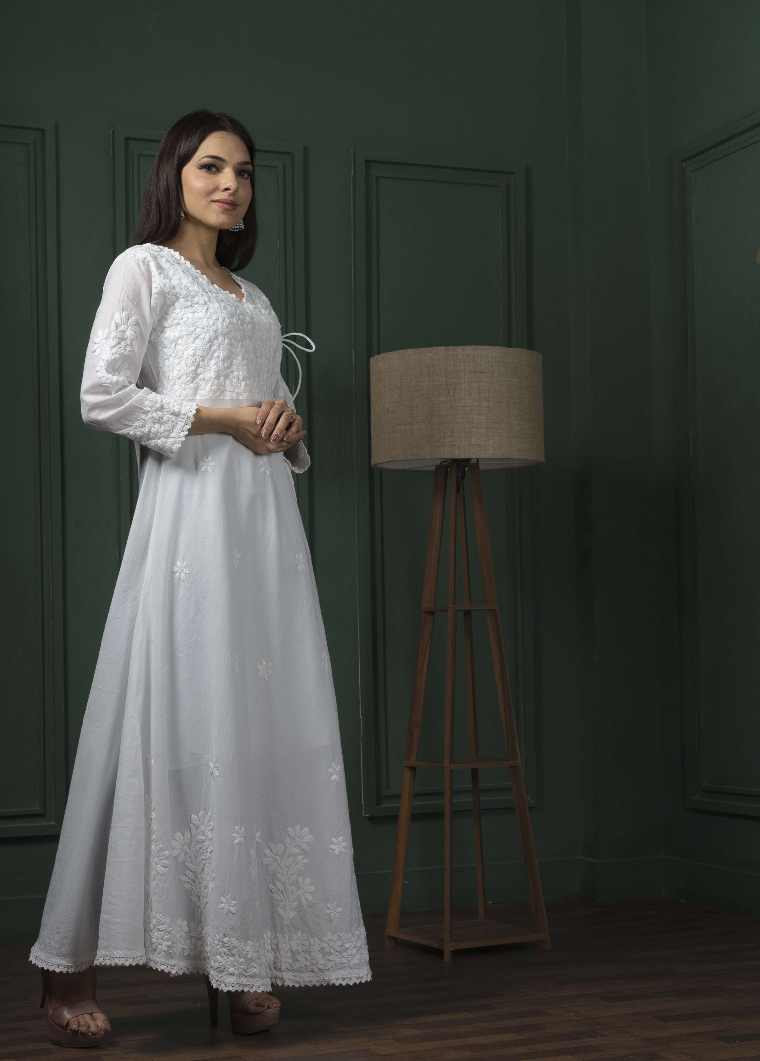 White Handembroidered Chikankari Pure Cotton Gown