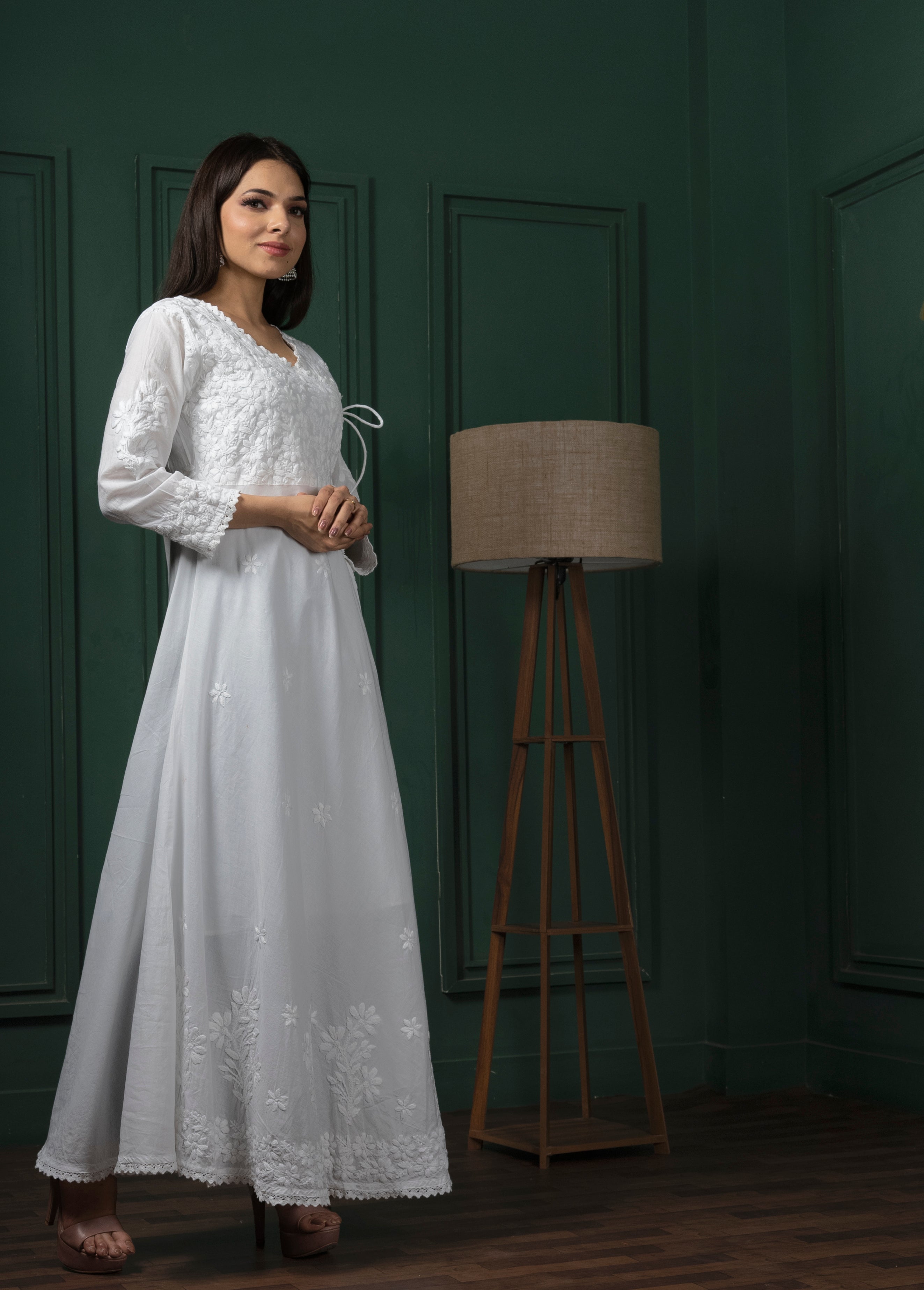 Saadgi chikankari handembroidered pure cotton  pink anarkali with pants-Option of only kurta also available