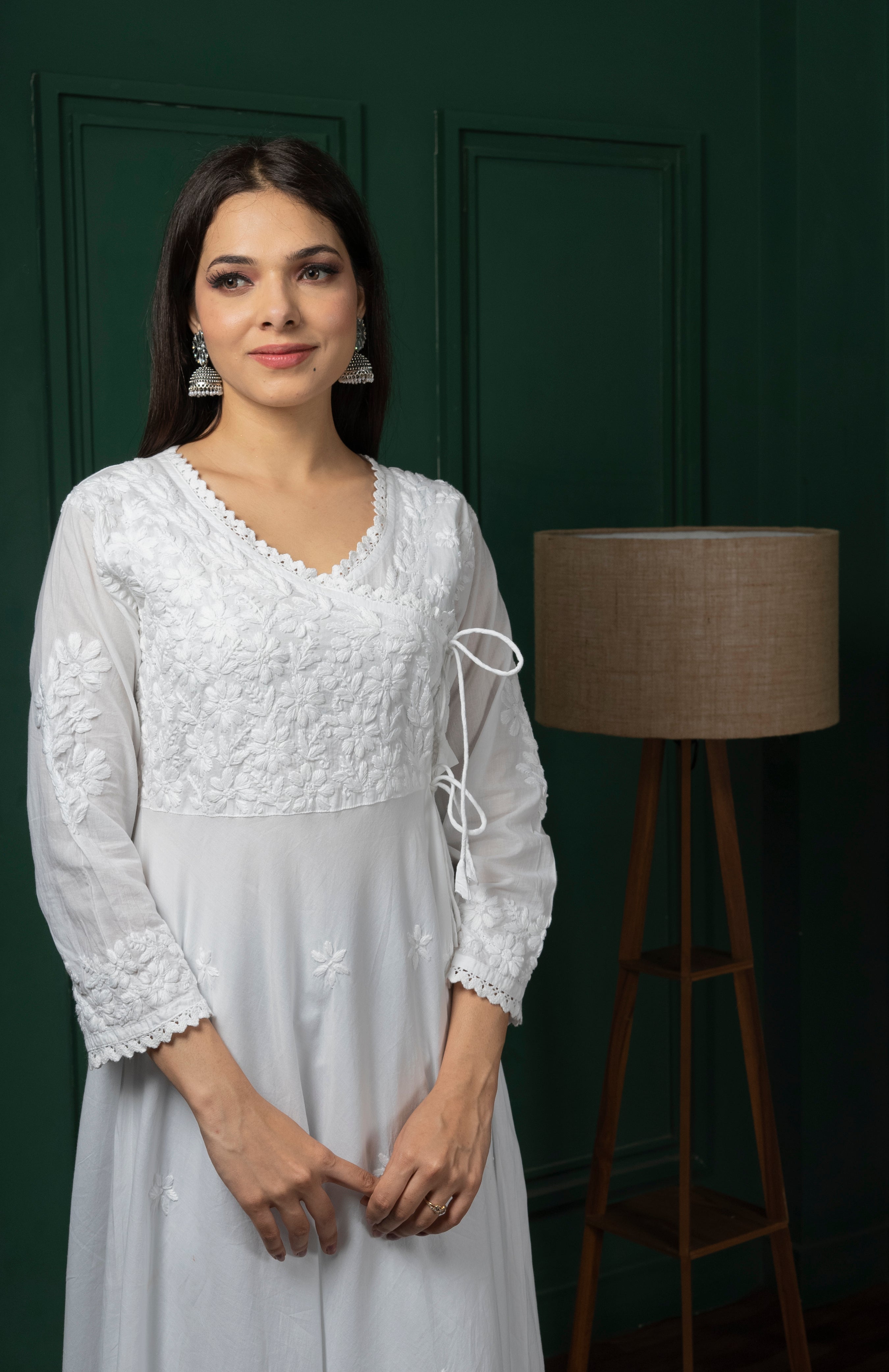 Saadgi chikankari handembroidered pure cotton  pink anarkali with pants-Option of only kurta also available