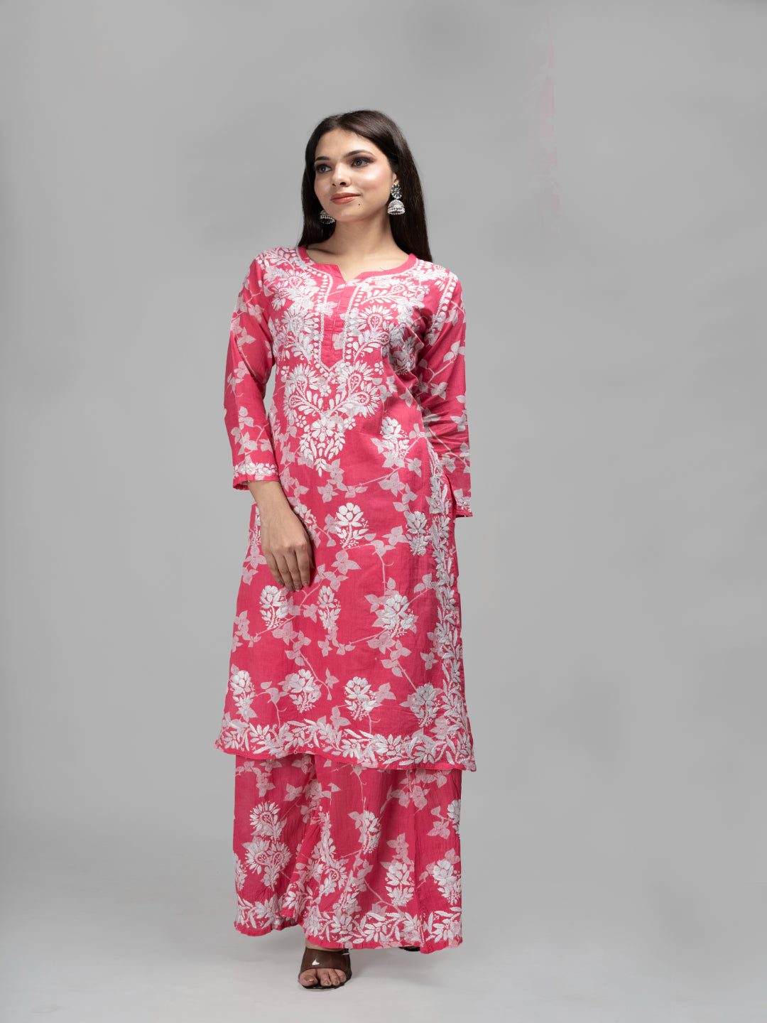 Saadgi chikankari handembroidered mulmul cotton Pink set with palazzo