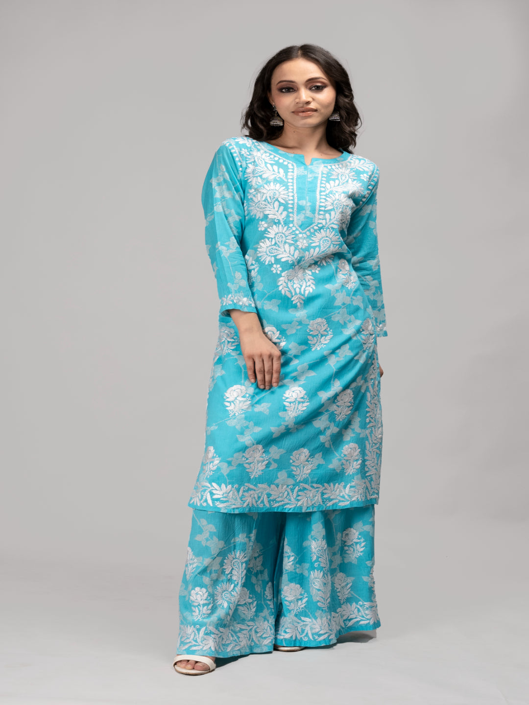 Saadgi chikankari handembroidered mulmul cotton Pink set with palazzo