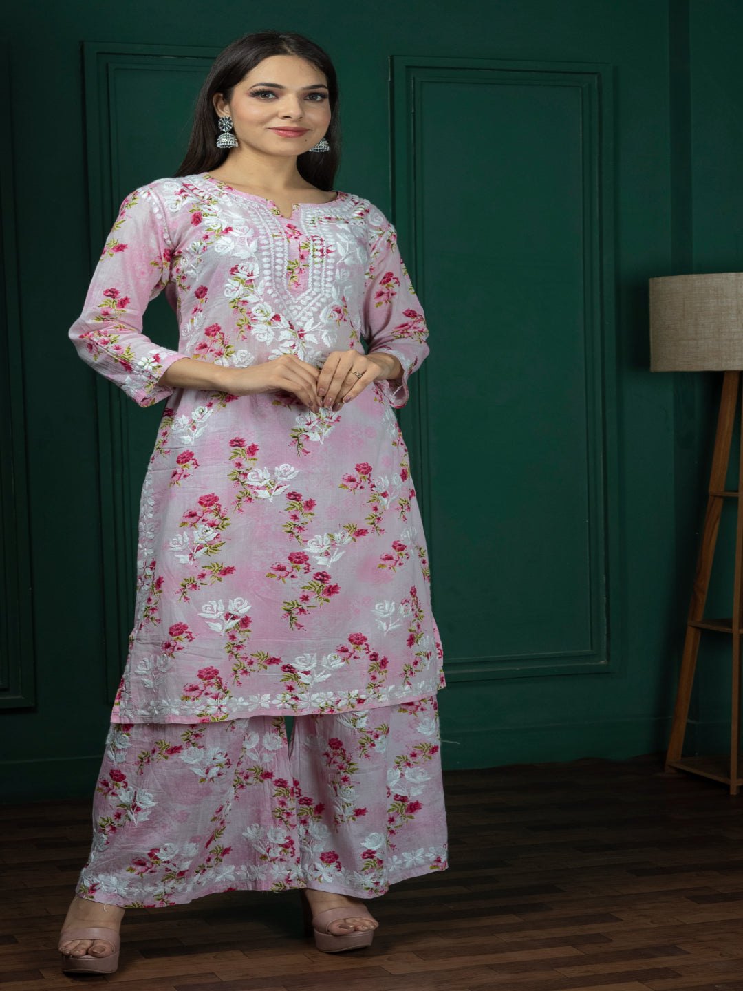 Saadgi chikankari handembroidered mulmul cotton baby pink set with palazzo