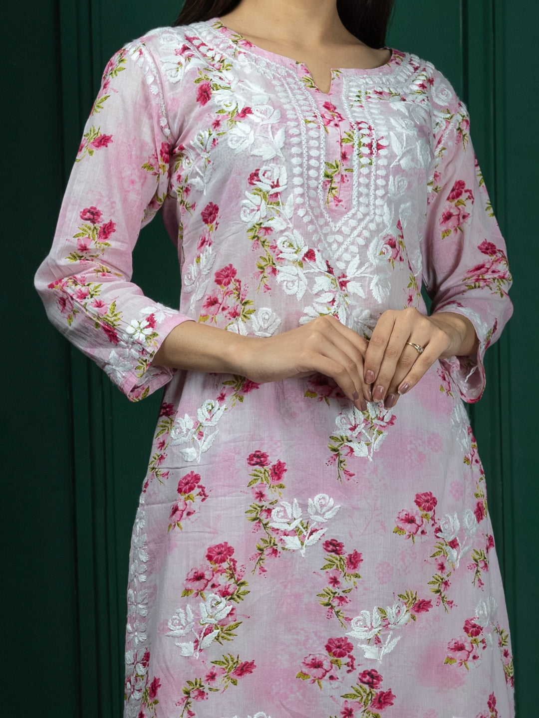 Saadgi chikankari handembroidered mulmul cotton baby pink set with palazzo