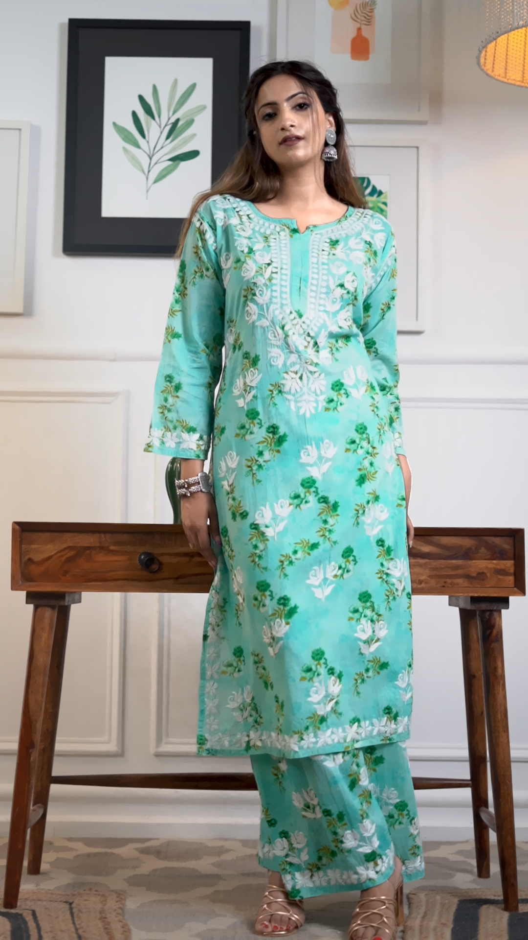 Saadgi chikankari handembroidered mulmul cotton baby pink set with palazzo