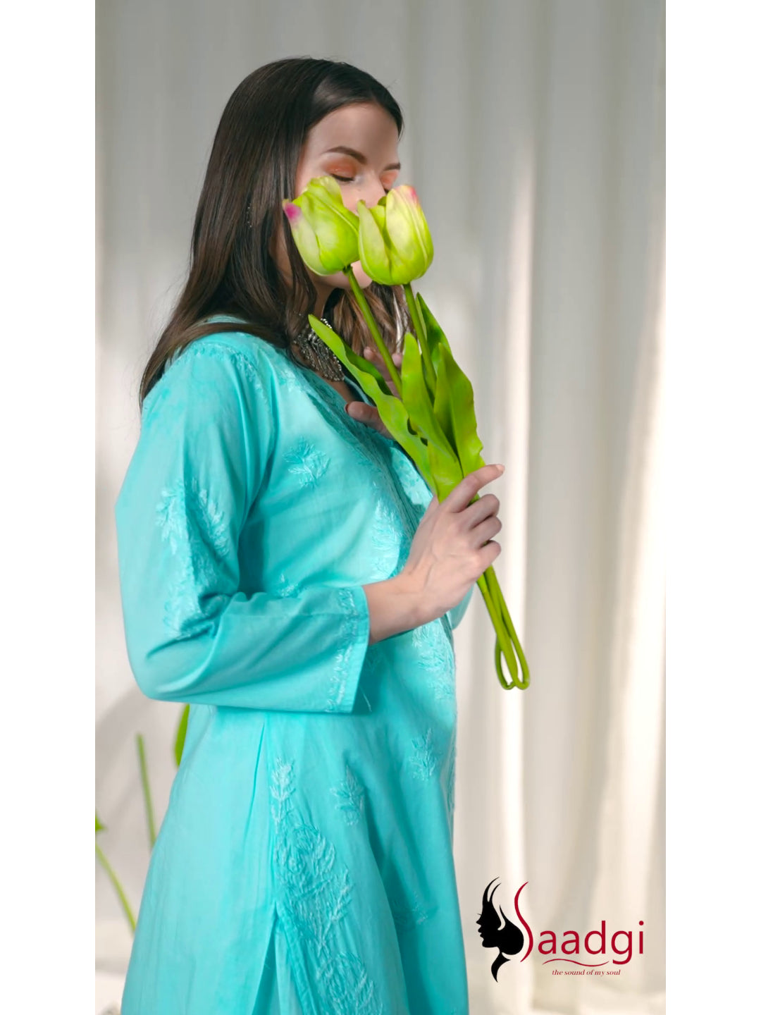 Saadgi chikankari  Aqua blue kurti set with palazzo
