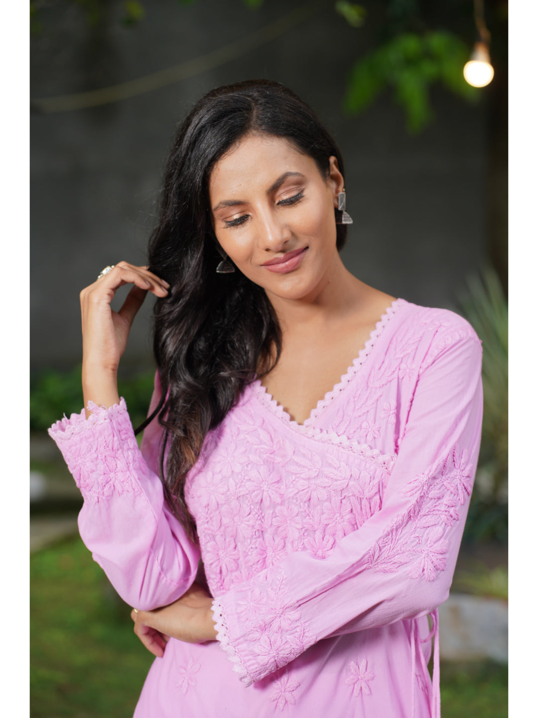 Saadgi chikankari handembroidered pure cotton  pink anarkali with pants-Option of only kurta also available