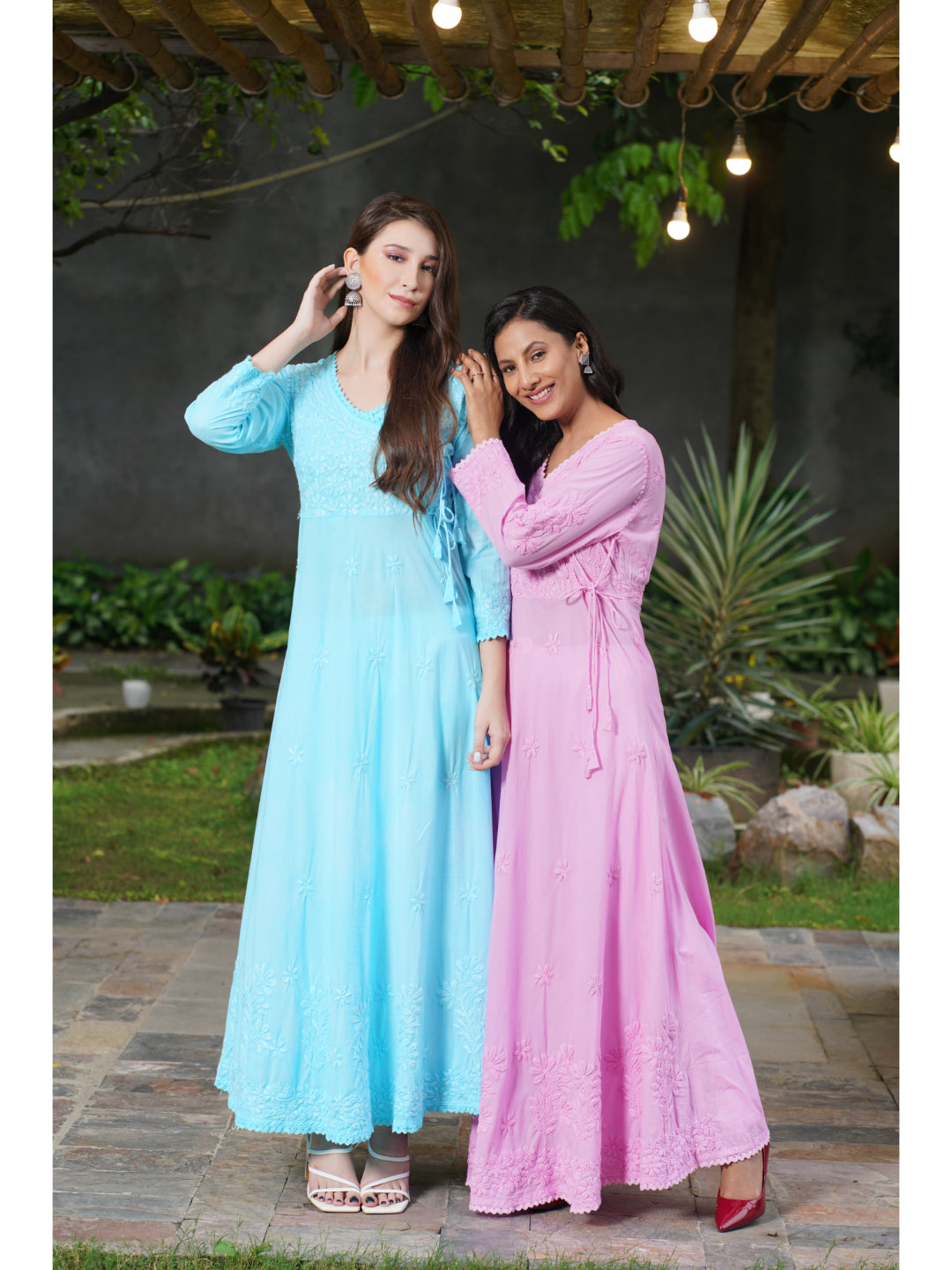 Saadgi chikankari handembroidered pure cotton Aqua anarkali gown with pants