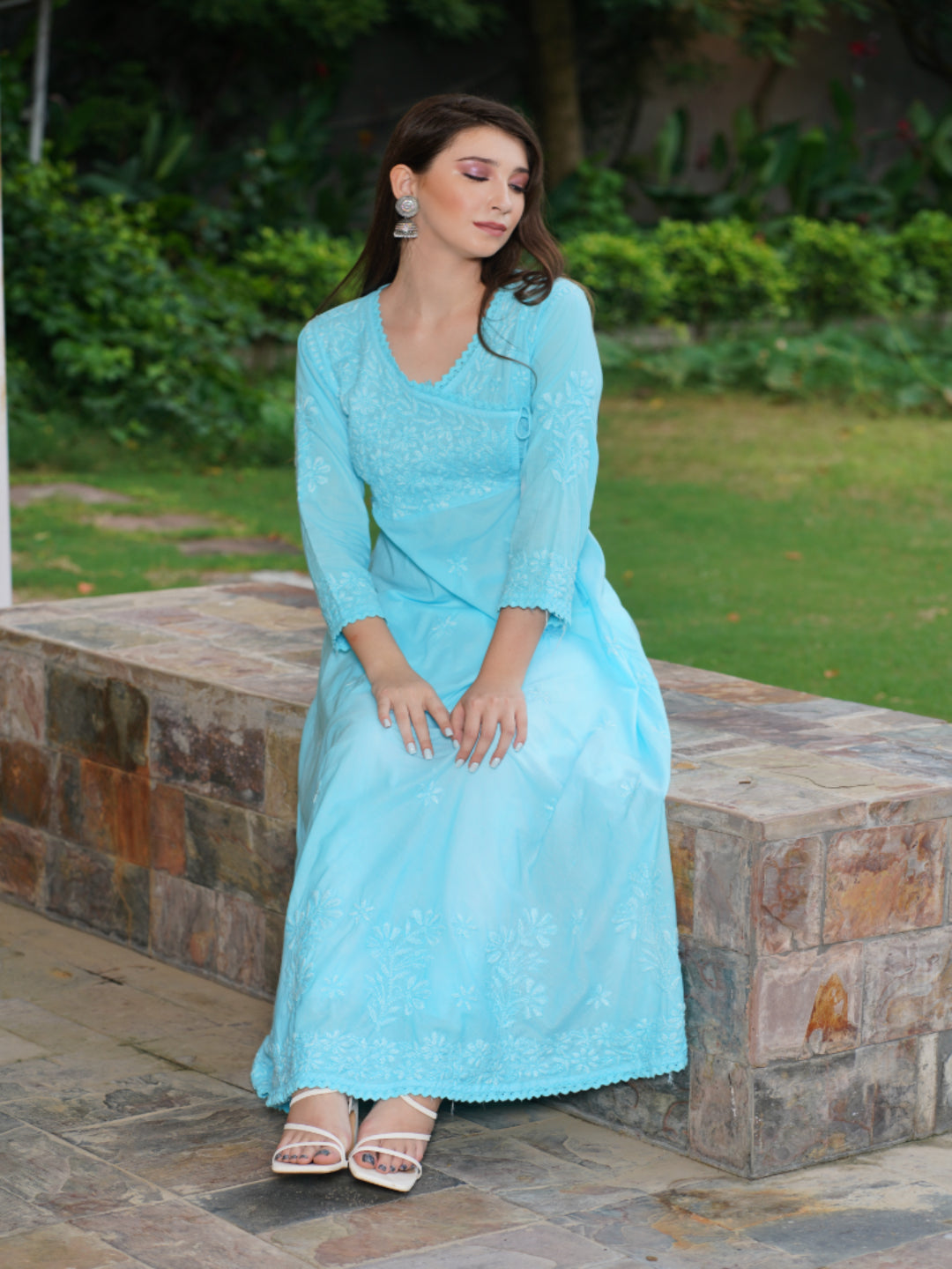 Saadgi chikankari handembroidered pure cotton Aqua anarkali gown with pants