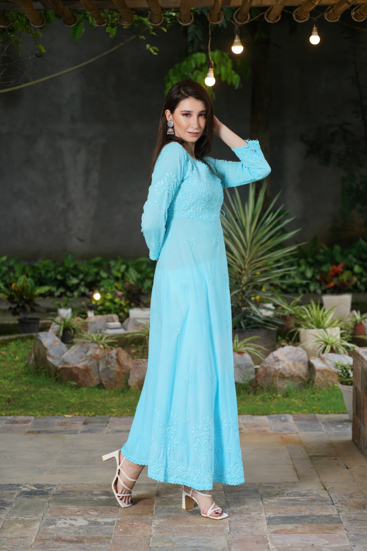 Saadgi chikankari handembroidered pure cotton  pink anarkali with pants-Option of only kurta also available