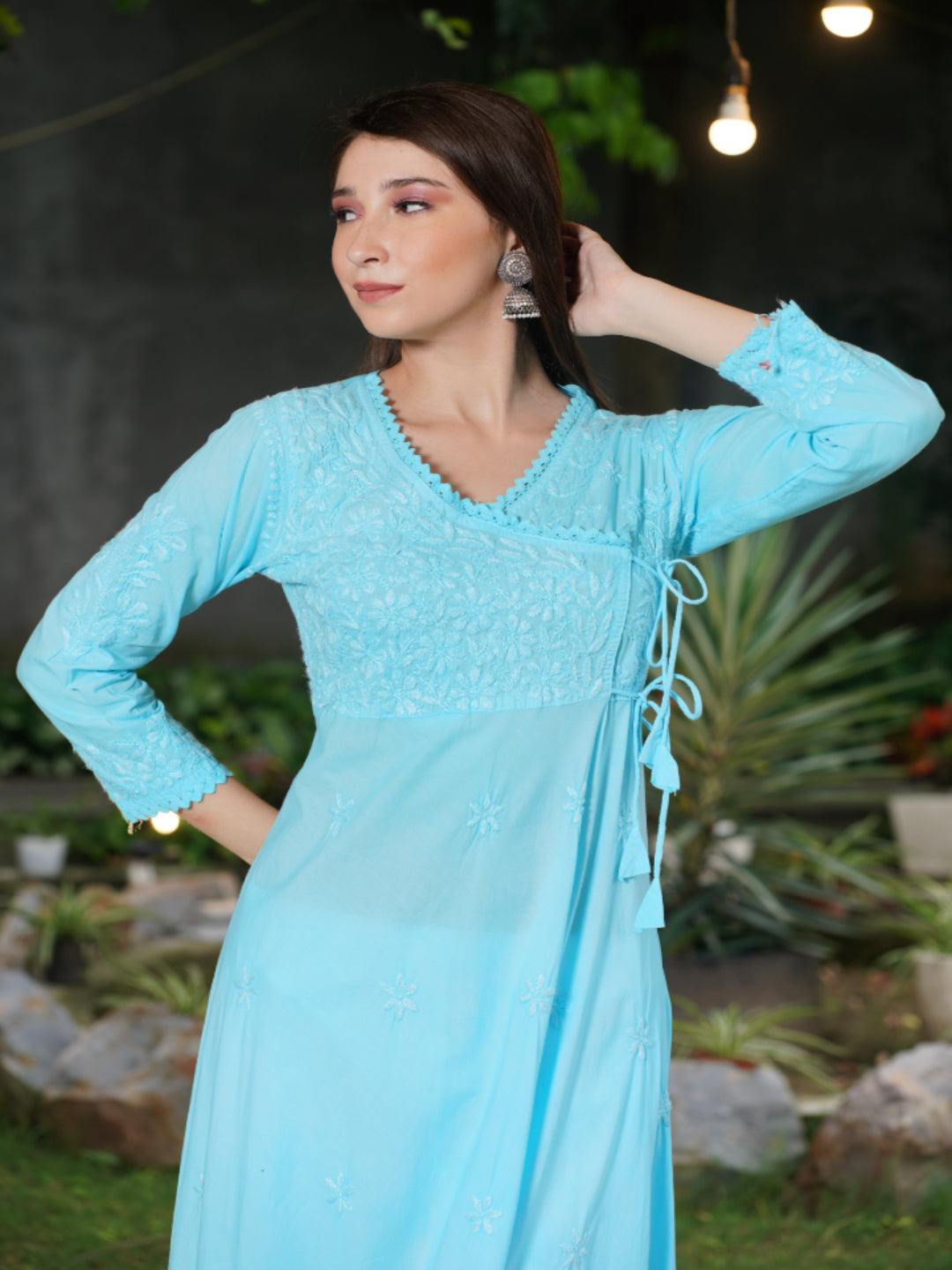 Saadgi chikankari handembroidered pure cotton Aqua anarkali gown with pants