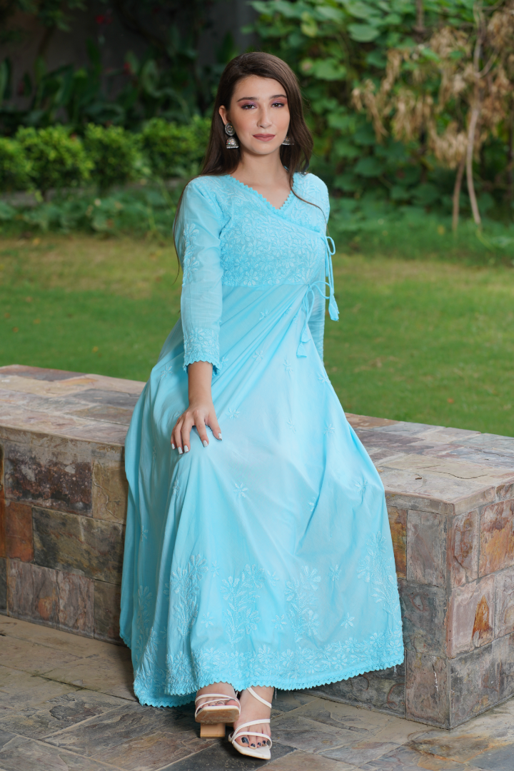 Saadgi chikankari handembroidered pure cotton  pink anarkali with pants-Option of only kurta also available