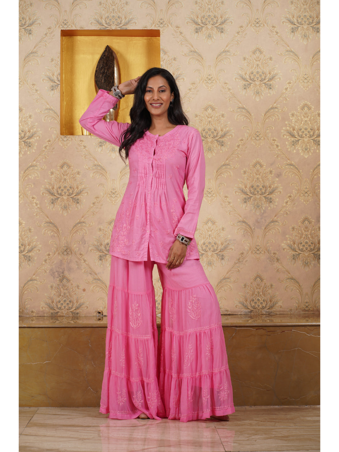 Saadgi chikankari hand embroidered hot pink kurti and gharara