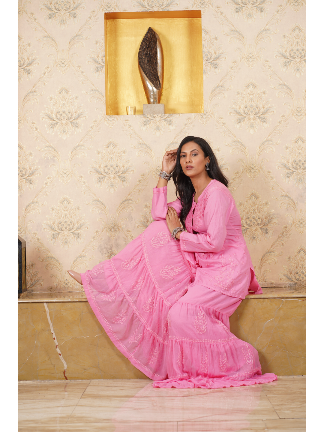 Saadgi chikankari hand embroidered hot pink kurti and gharara