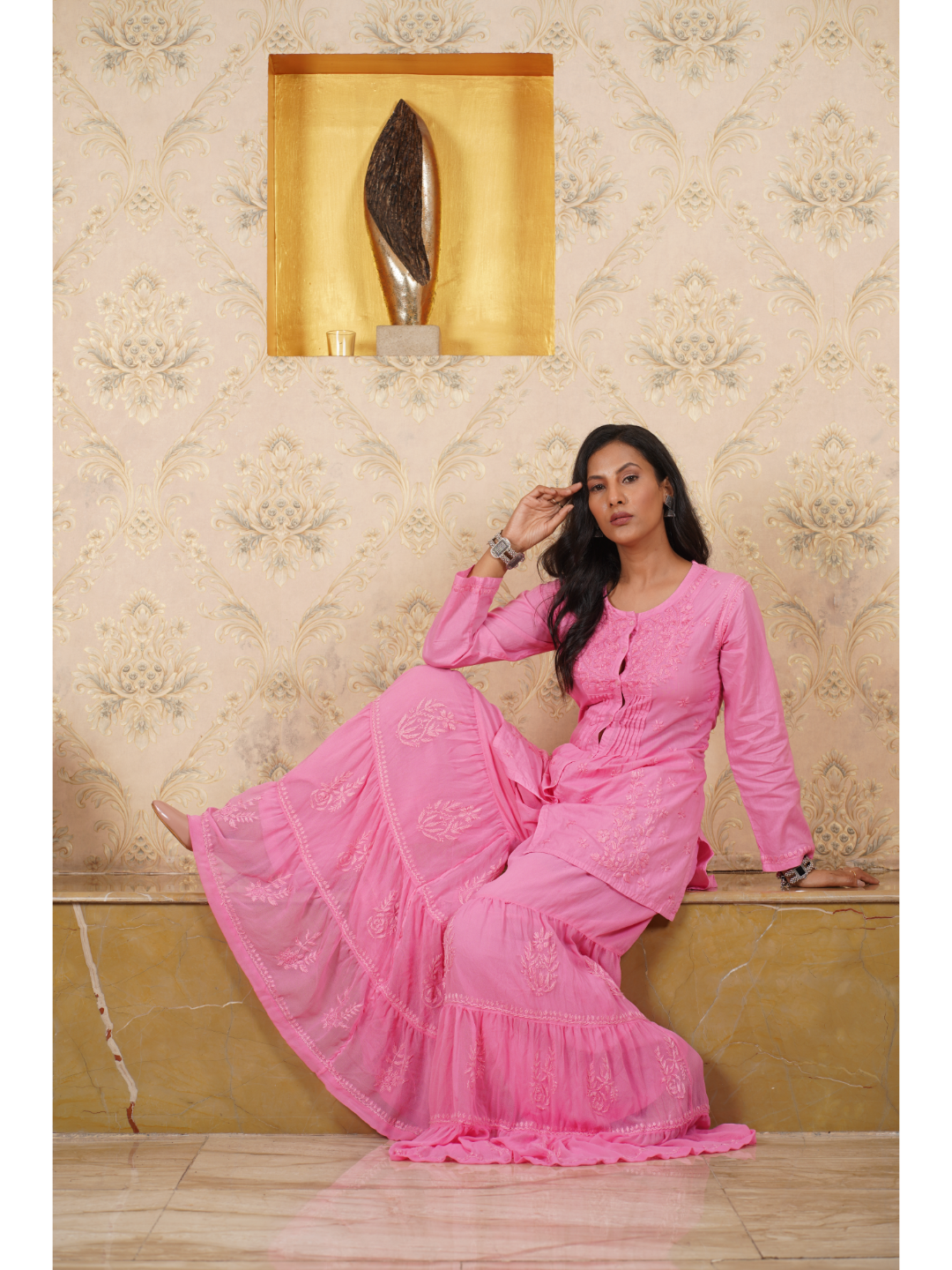 Saadgi chikankari hand embroidered hot pink kurti and gharara