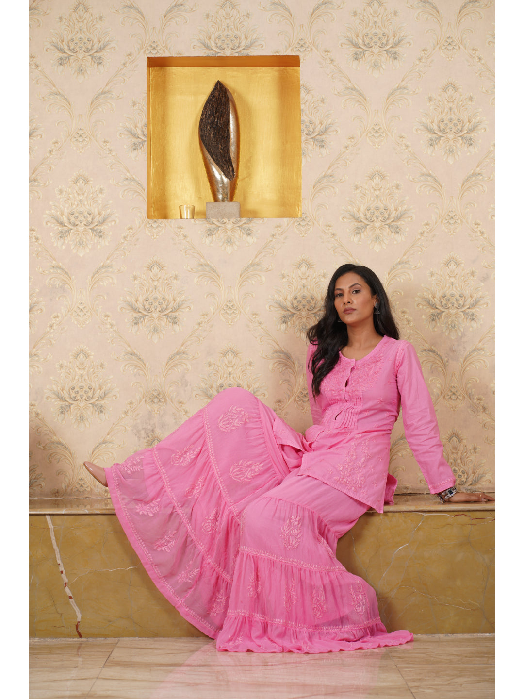 Saadgi chikankari hand embroidered hot pink kurti and gharara