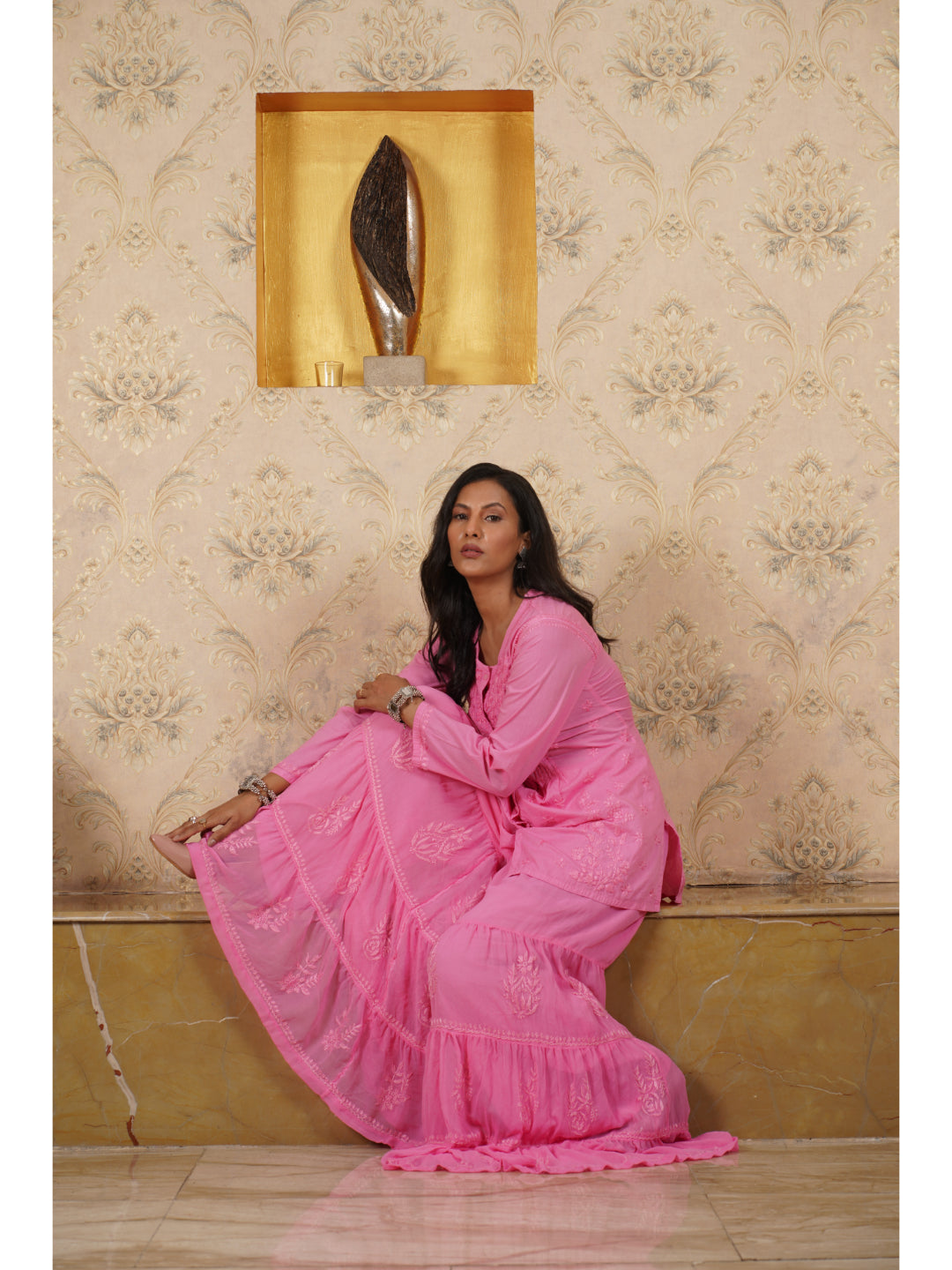 Saadgi chikankari hand embroidered hot pink kurti and gharara
