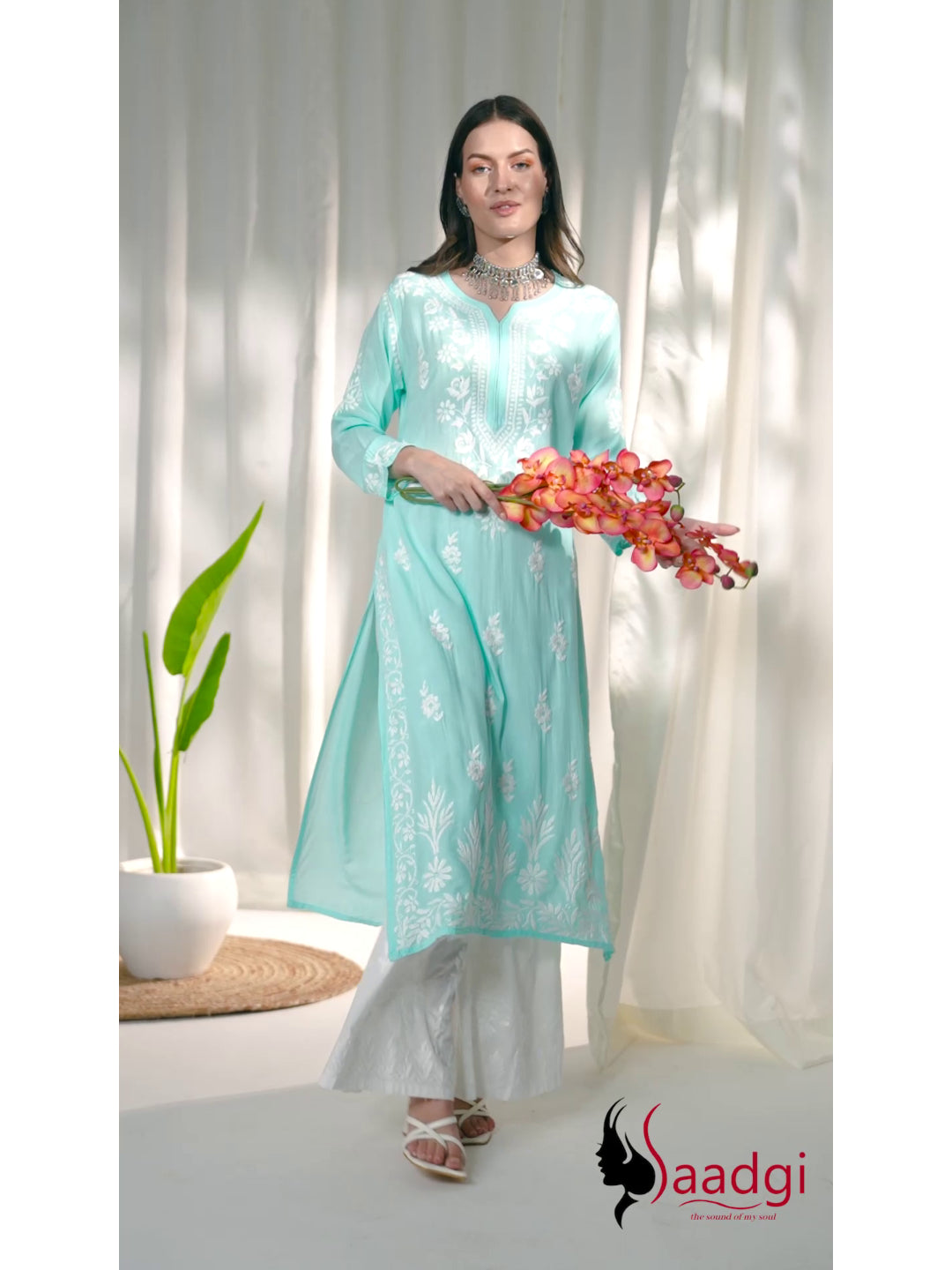 Saadgi hand embroidered chikankari sky blue modal kurti set with palazzo