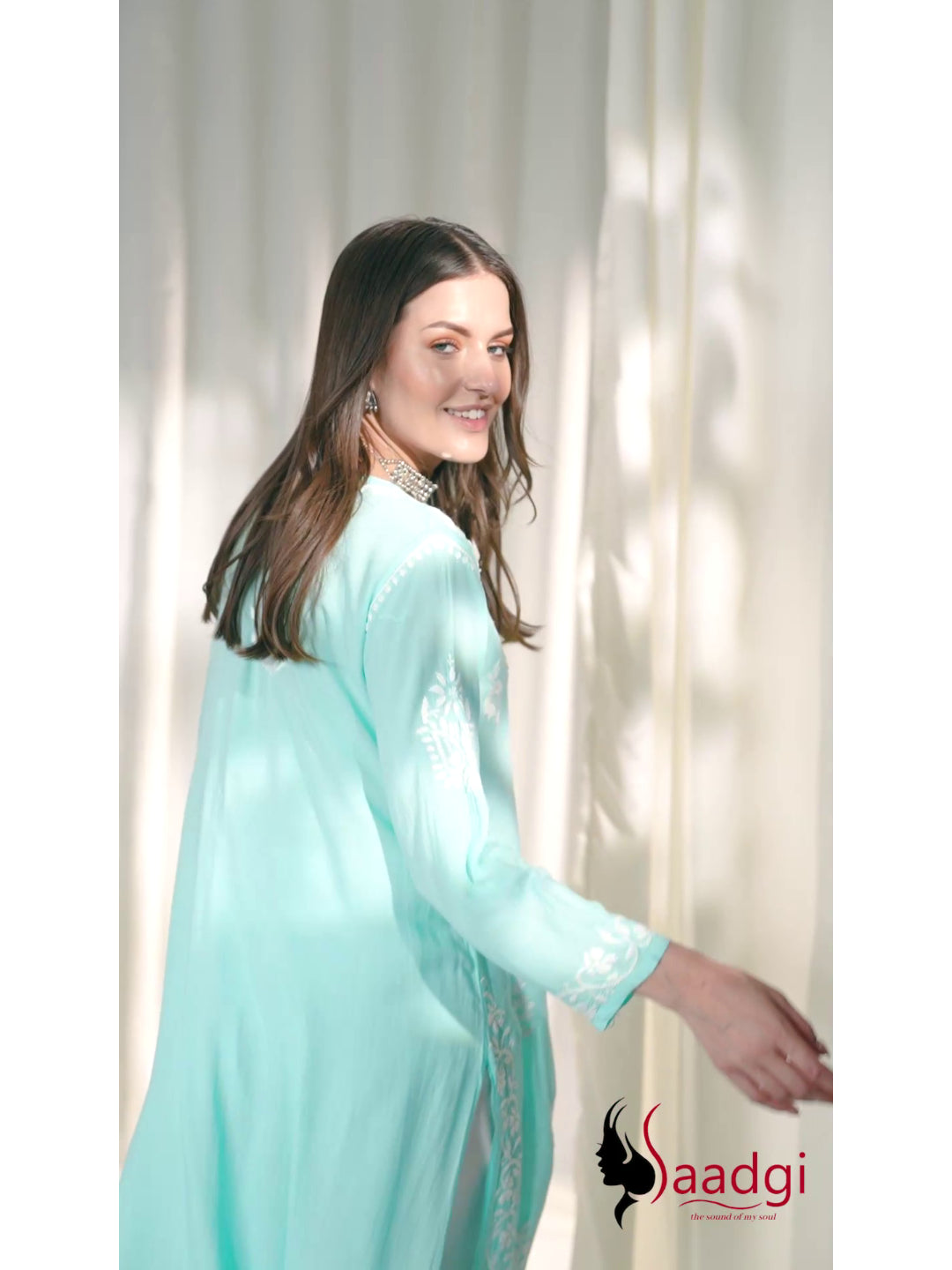 Saadgi hand embroidered chikankari sky blue modal kurti set with palazzo