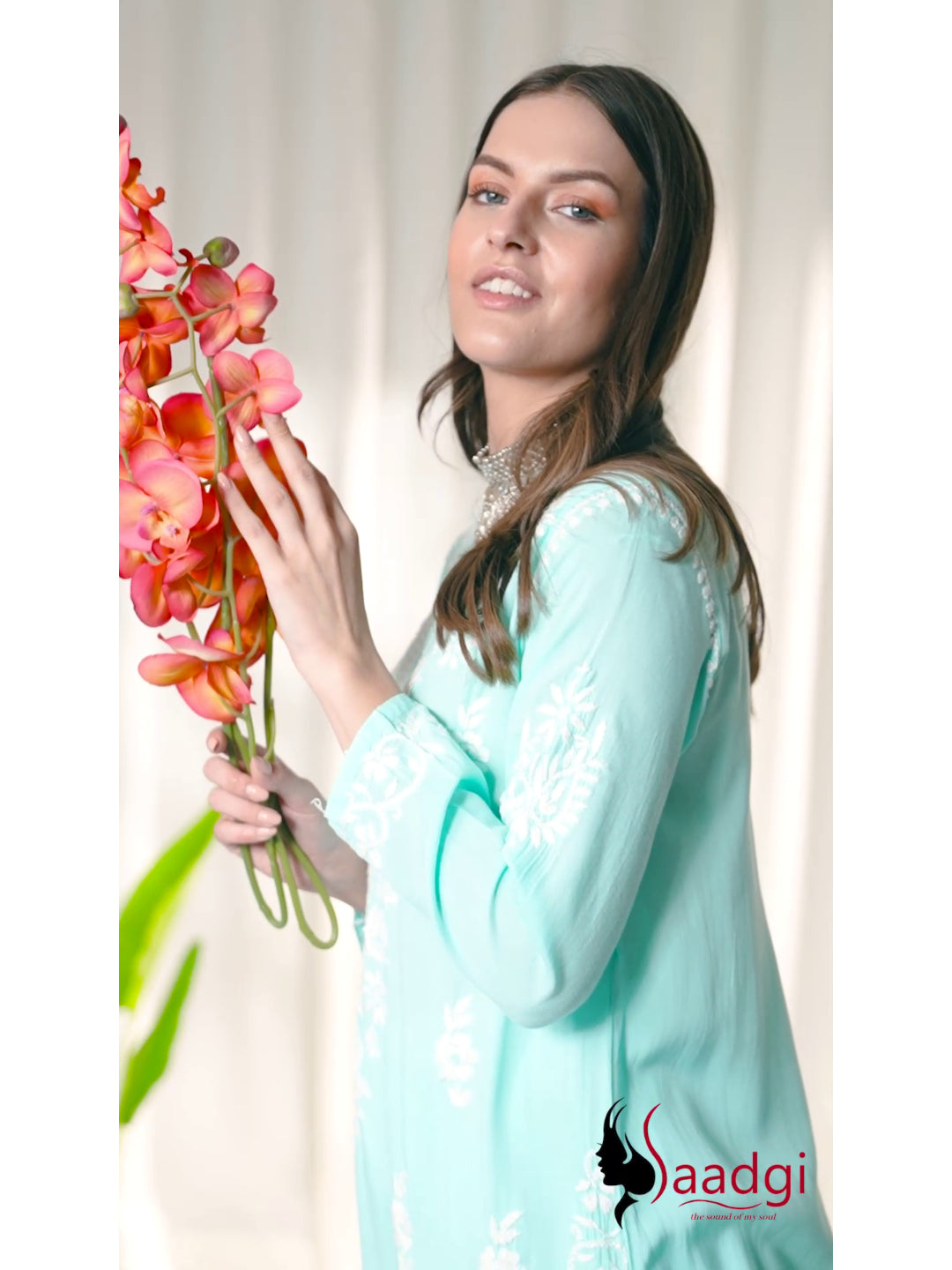 Saadgi hand embroidered chikankari sky blue modal kurti set with palazzo