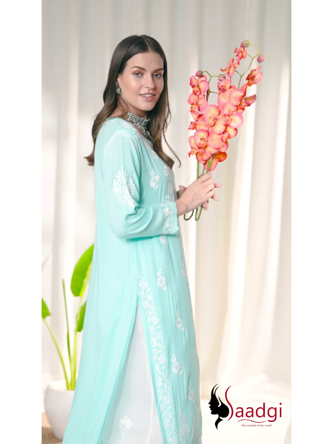 Saadgi hand embroidered chikankari sky blue modal kurti set with palazzo
