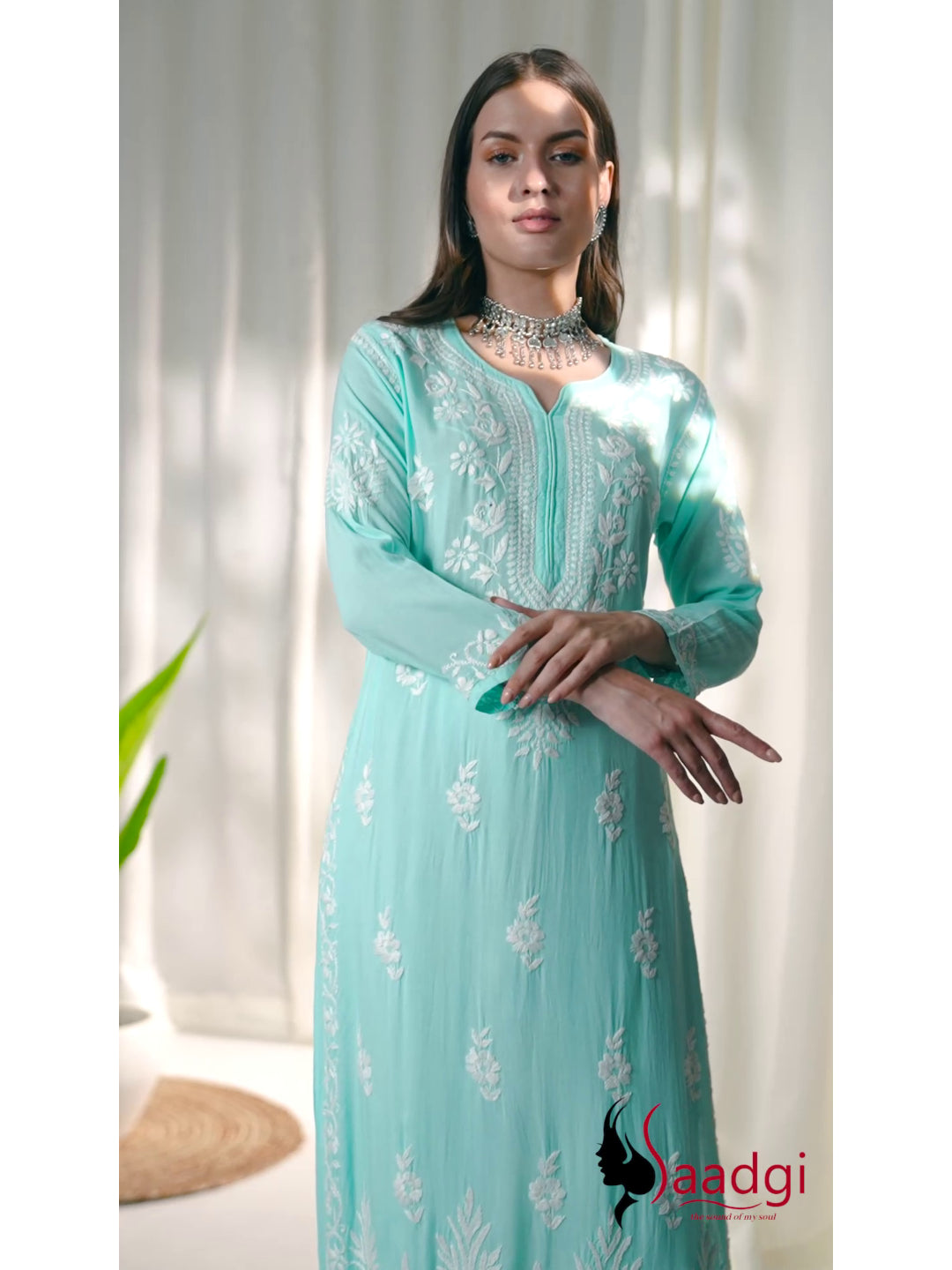 Saadgi hand embroidered chikankari sky blue modal kurti set with palazzo