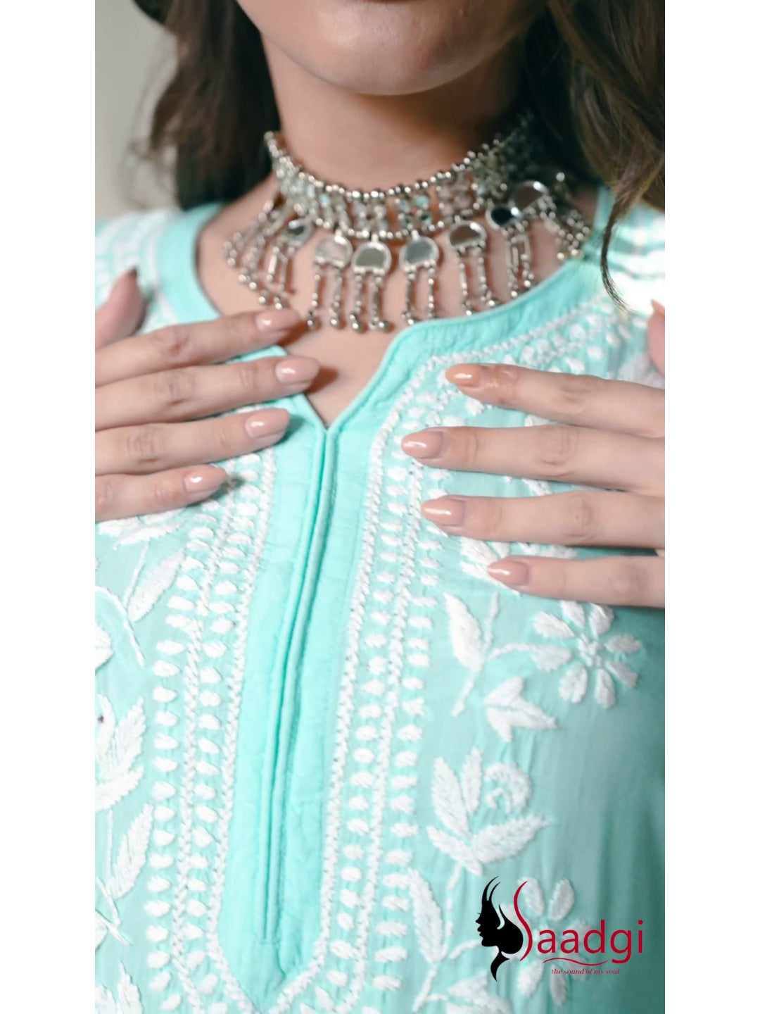 Saadgi hand embroidered chikankari sky blue modal kurti set with palazzo