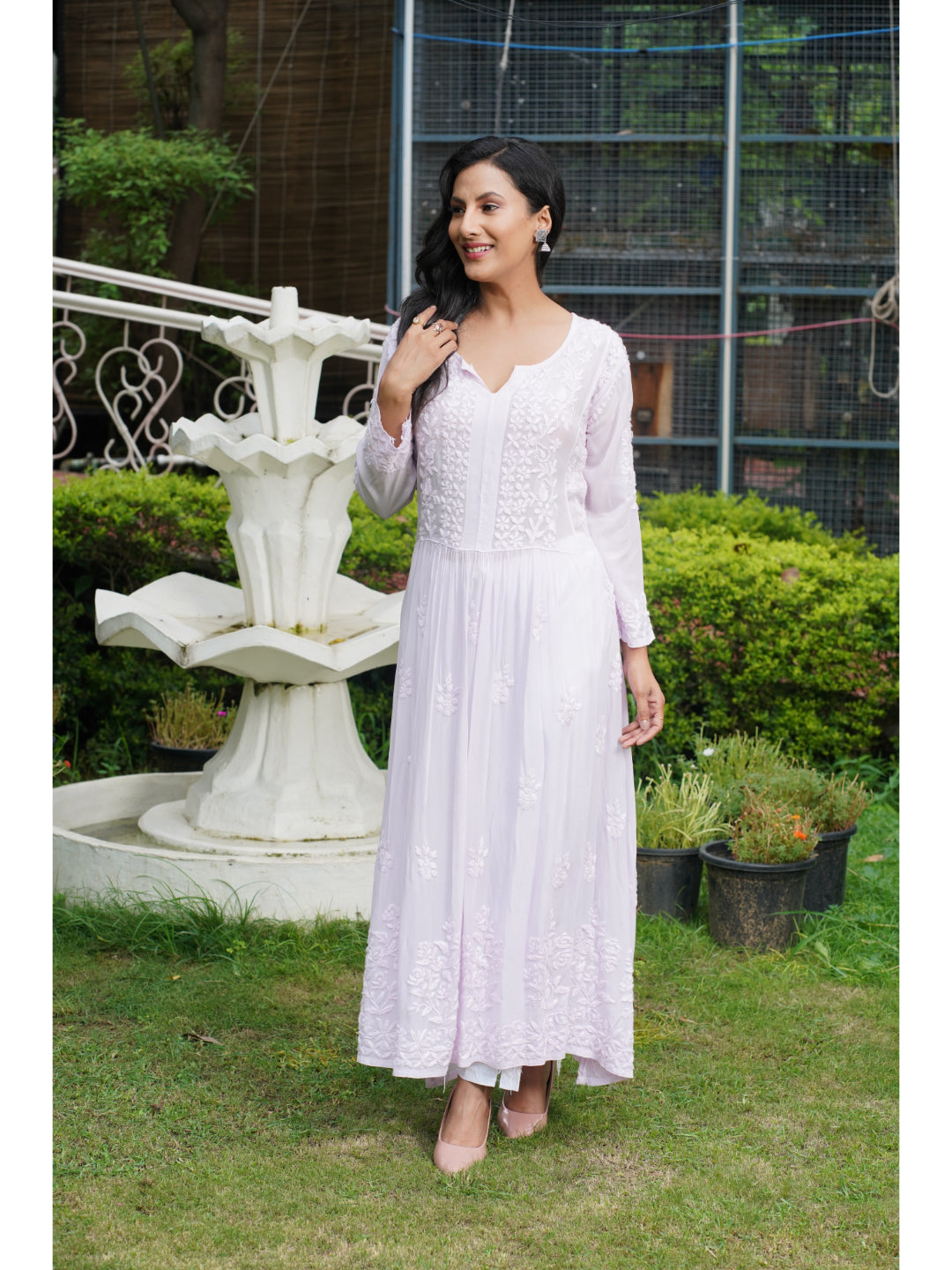 Saadgi hand embroidered chikankari pure crape blush pink gown kurta set