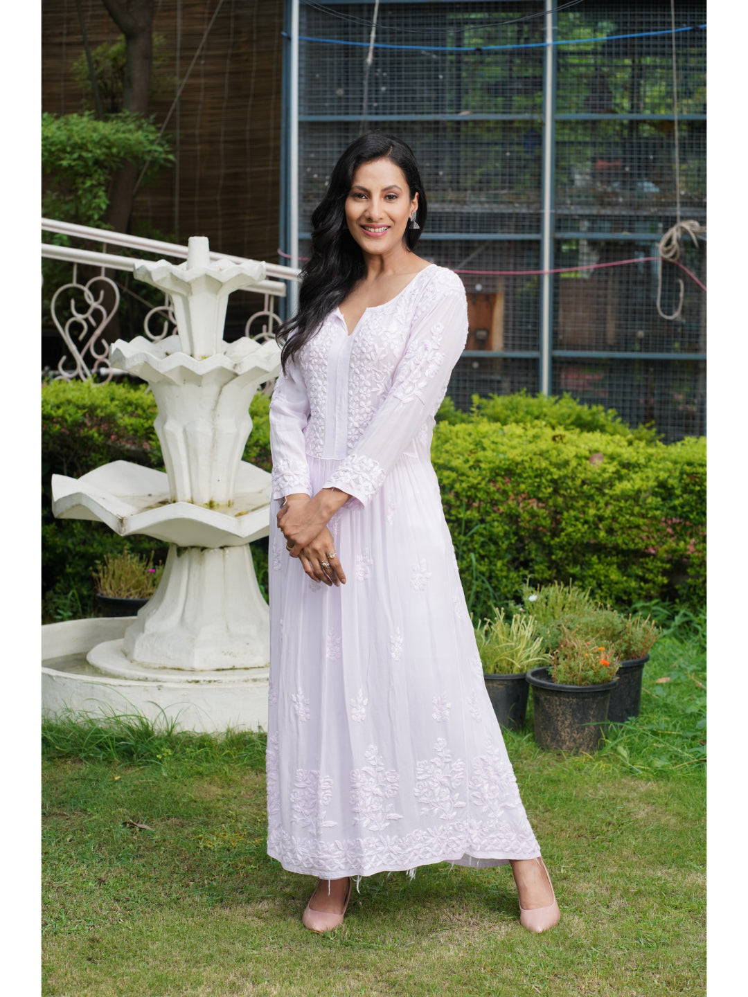 Saadgi hand embroidered chikankari pure crape blush pink gown kurta set