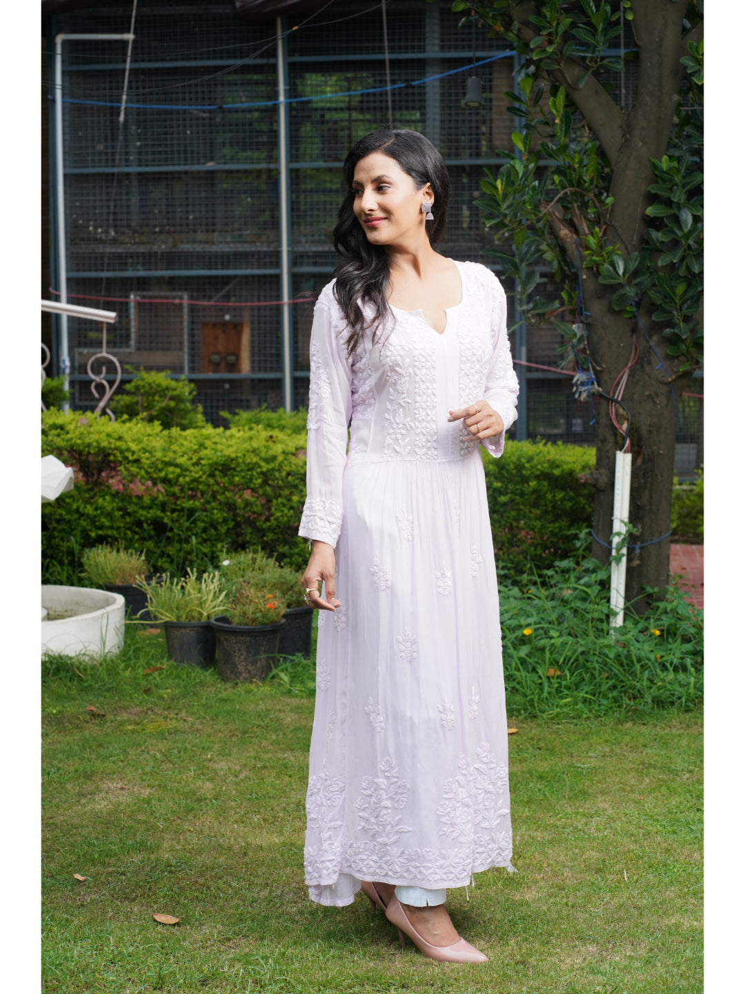 Saadgi hand embroidered chikankari pure crape blush pink gown kurta set