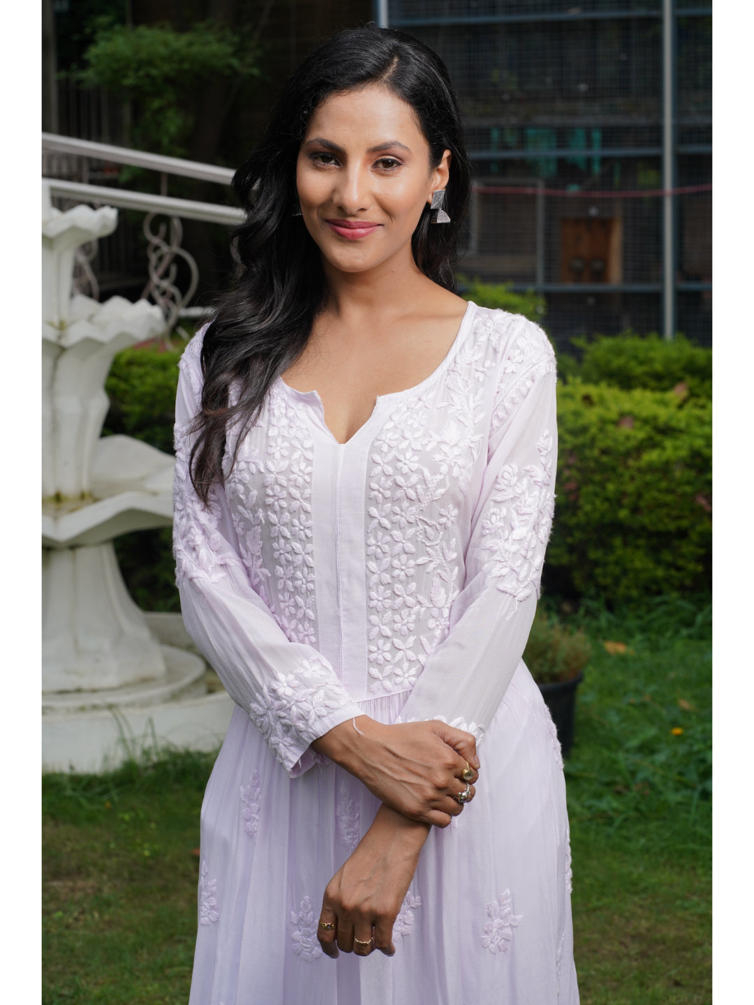 Saadgi hand embroidered chikankari pure crape blush pink gown kurta set
