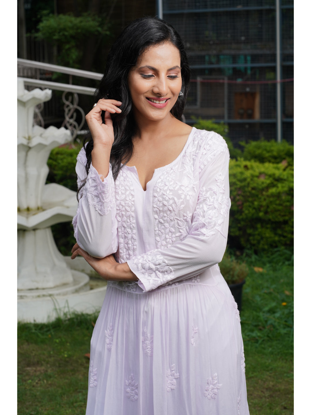 Saadgi hand embroidered chikankari pure crape blush pink gown kurta set