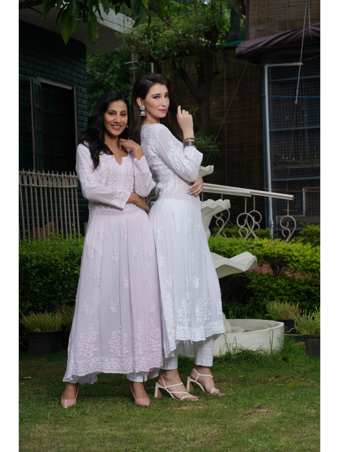 Saadgi hand embroidered chikankari pure crape blush pink gown kurta set