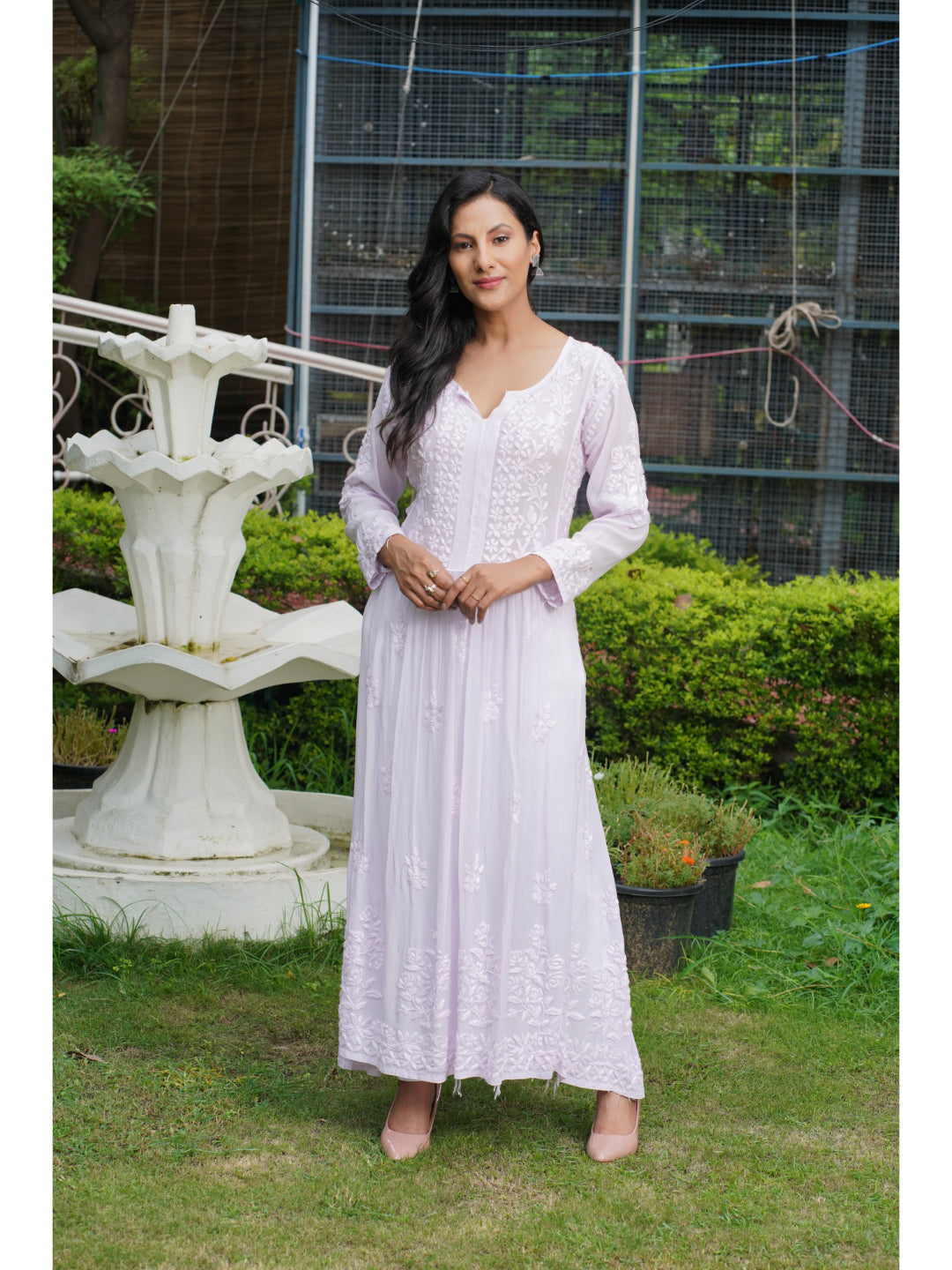Saadgi hand embroidered chikankari pure crape blush pink gown kurta set