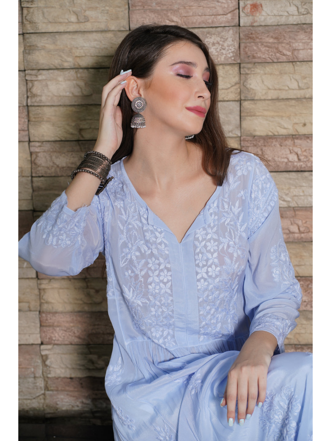 Saadgi hand embroidered chikankari pure crape lilac gown kurta set