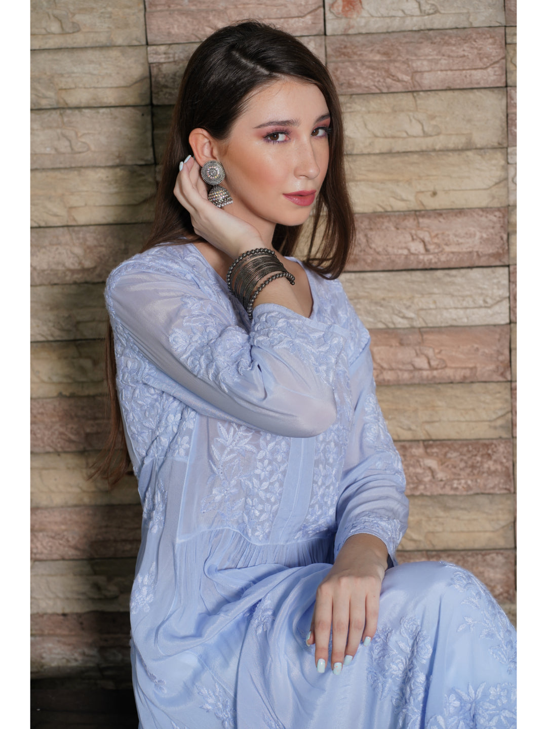 Saadgi hand embroidered chikankari pure crape lilac gown kurta set