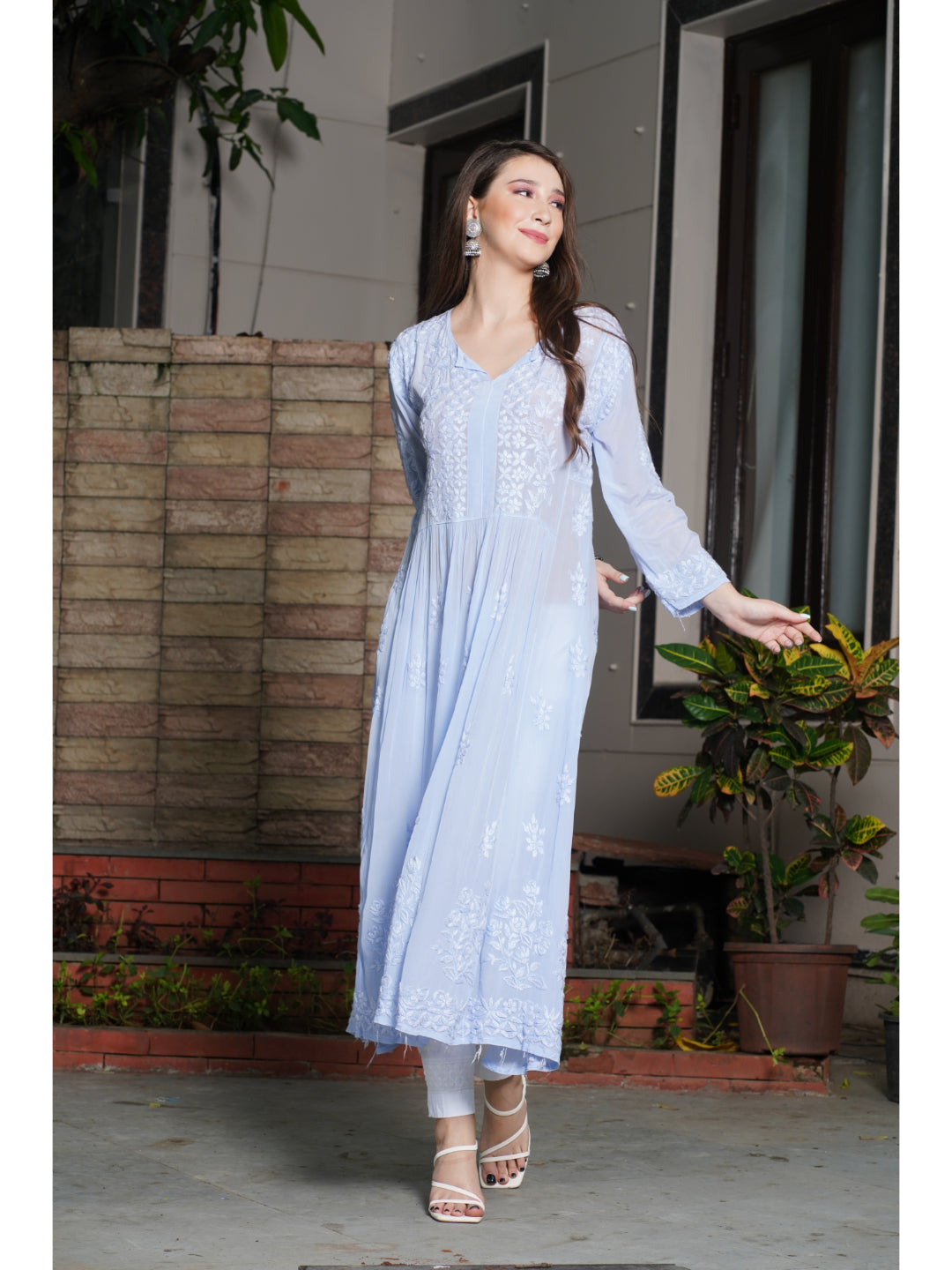 Saadgi hand embroidered chikankari pure crape lilac gown kurta set