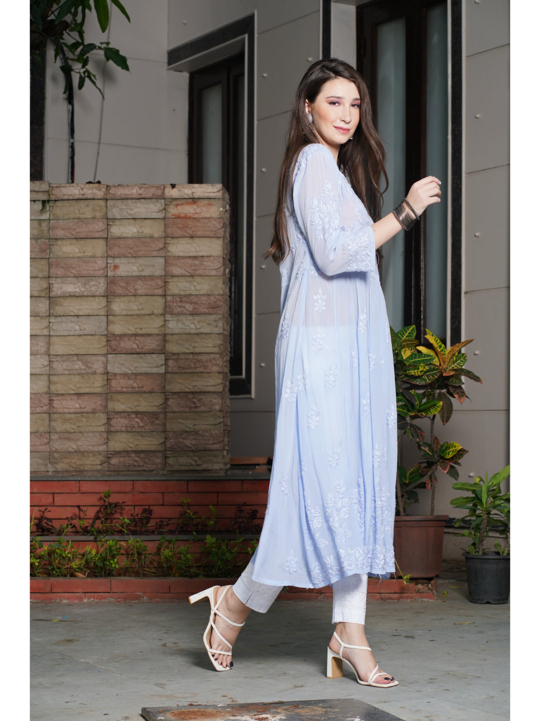 Saadgi hand embroidered chikankari pure crape lilac gown kurta set