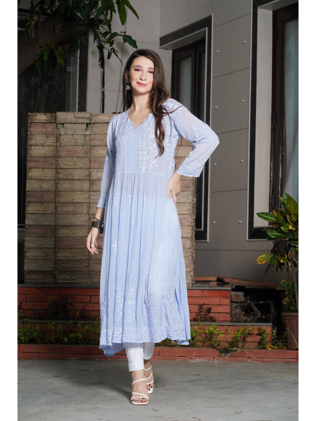 Saadgi hand embroidered chikankari pure crape lilac gown kurta set