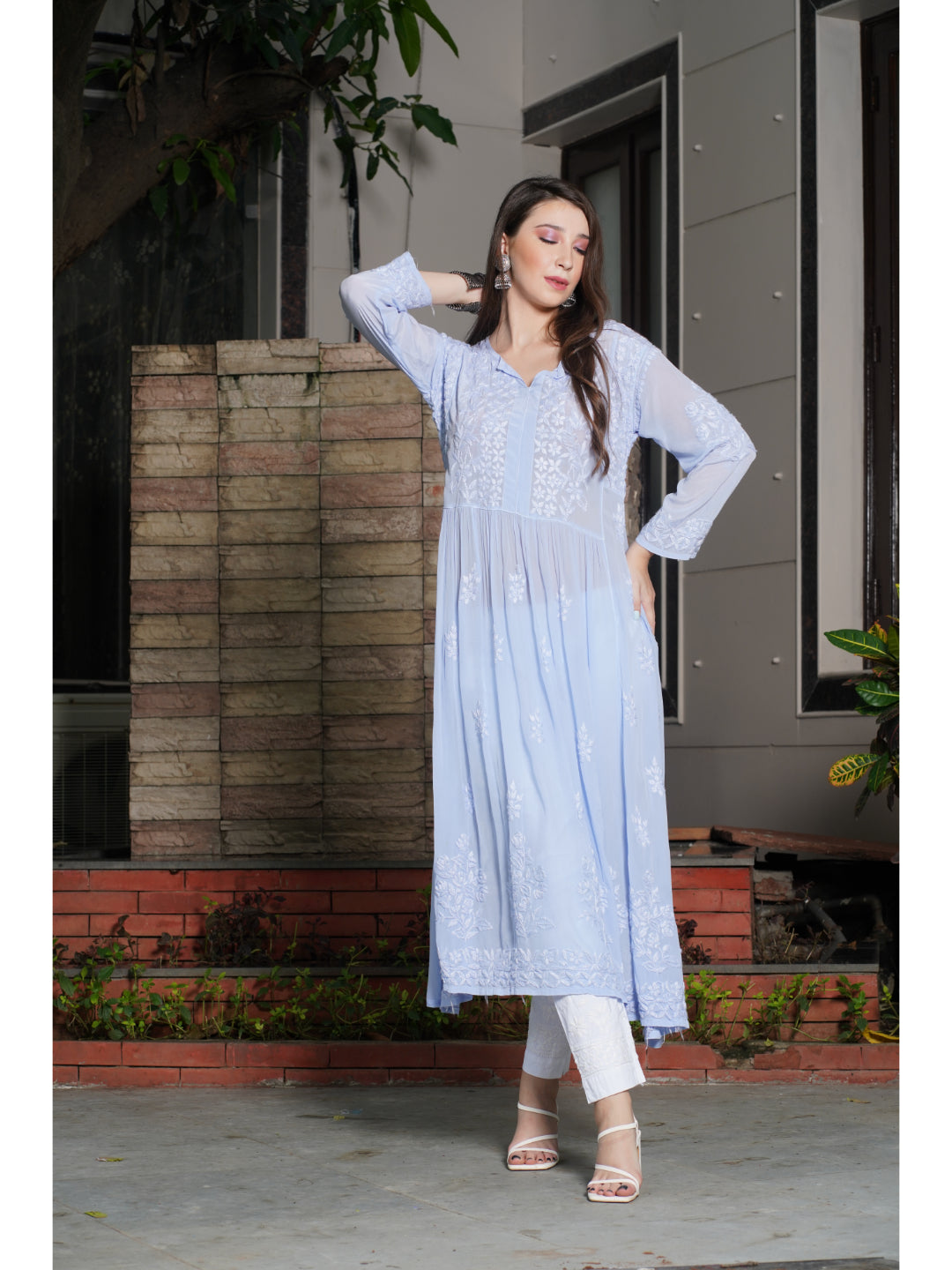 Saadgi hand embroidered chikankari pure crape lilac gown kurta set