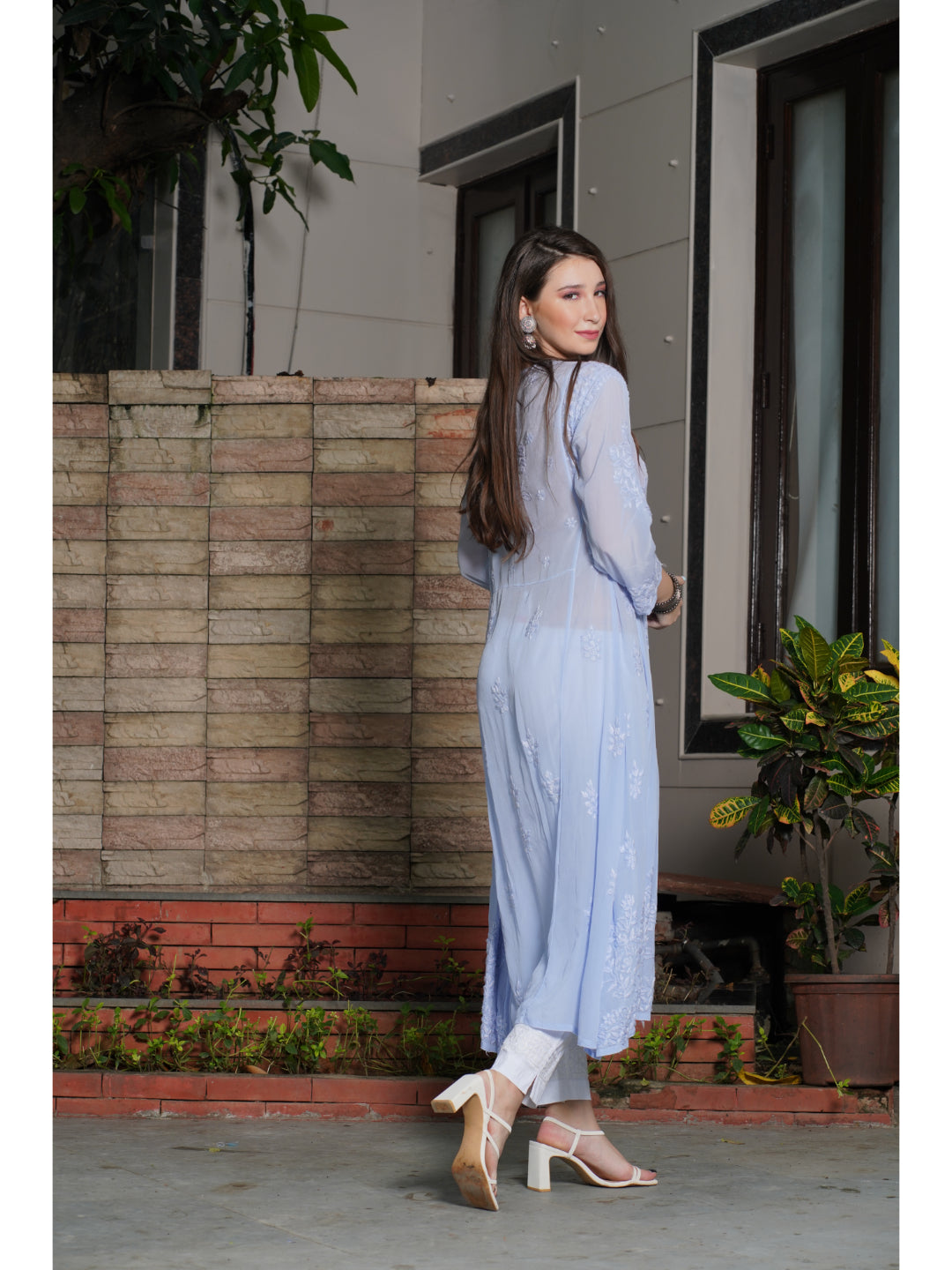 Saadgi hand embroidered chikankari pure crape lilac gown kurta set