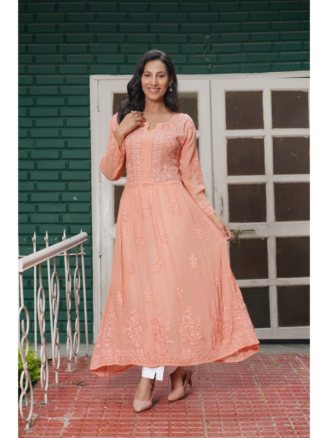 Saadgi hand embroidered chikankari pure crape peach gown kurta set