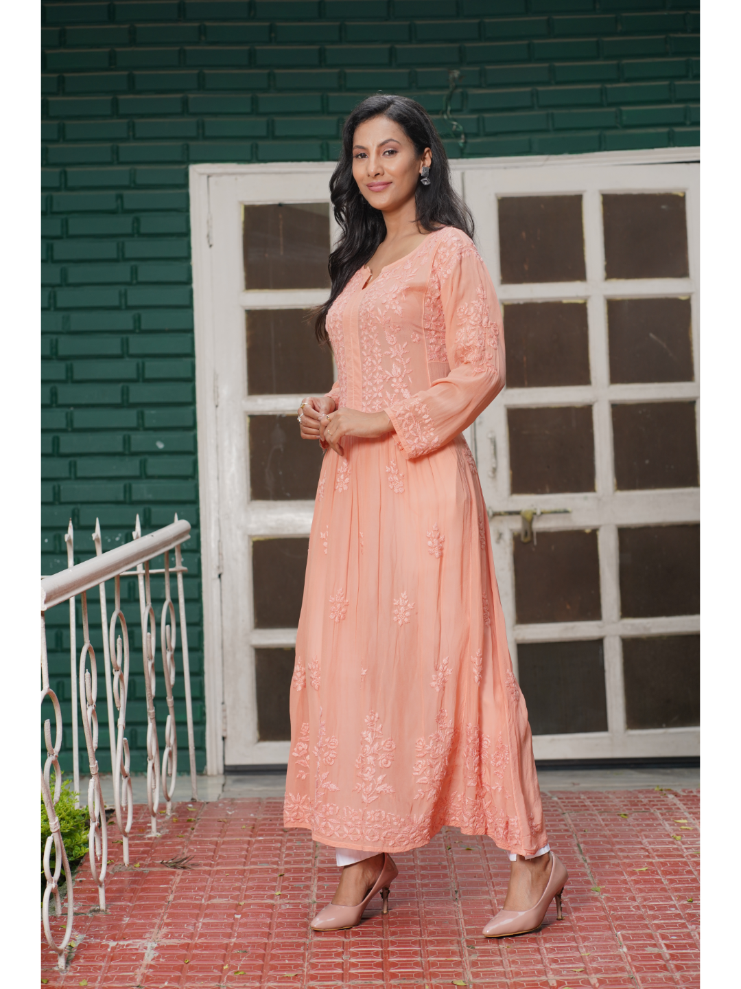 Saadgi hand embroidered chikankari pure crape peach gown kurta set