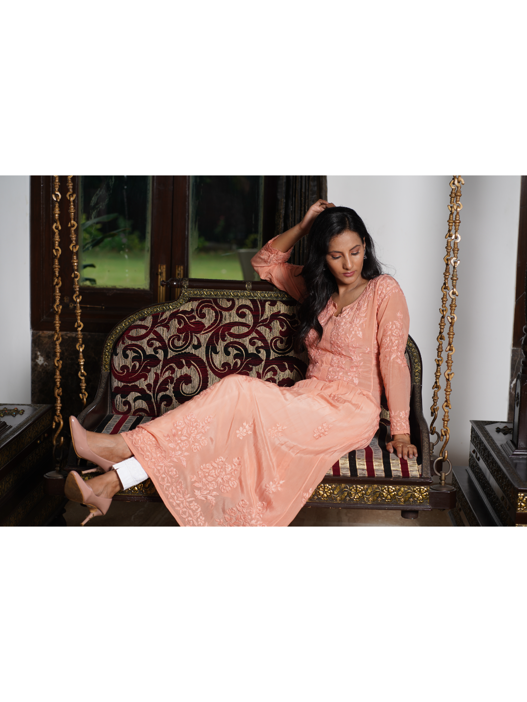 Saadgi hand embroidered chikankari pure crape peach gown kurta set