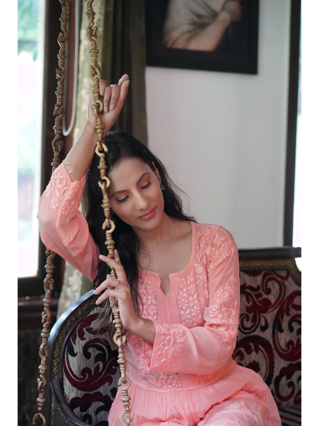 Saadgi hand embroidered chikankari pure crape peach gown kurta set
