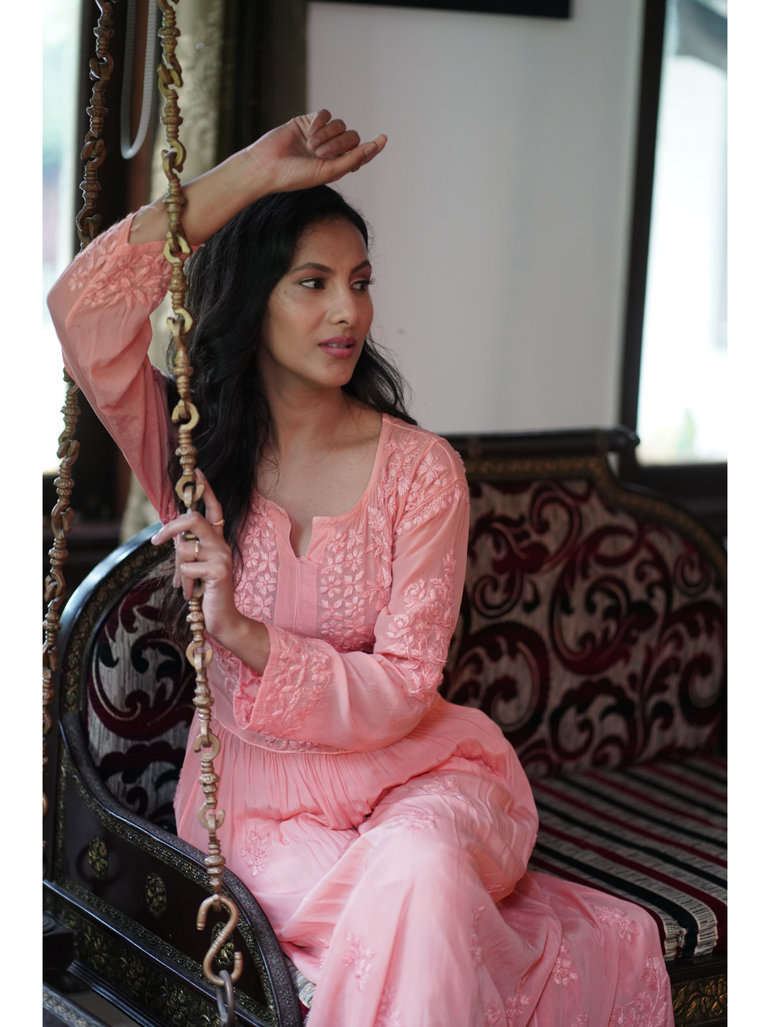 Saadgi hand embroidered chikankari pure crape peach gown kurta set