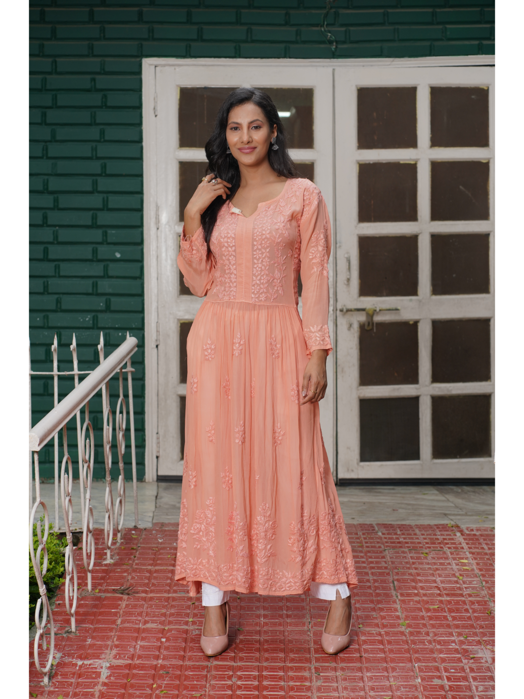 Saadgi hand embroidered chikankari pure crape peach gown kurta set