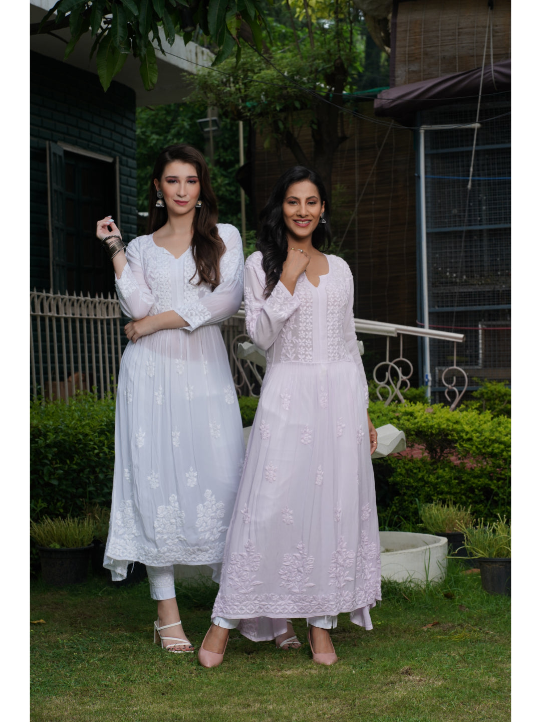 Saadgi hand embroidered chikankari pure crape White gown kurta set